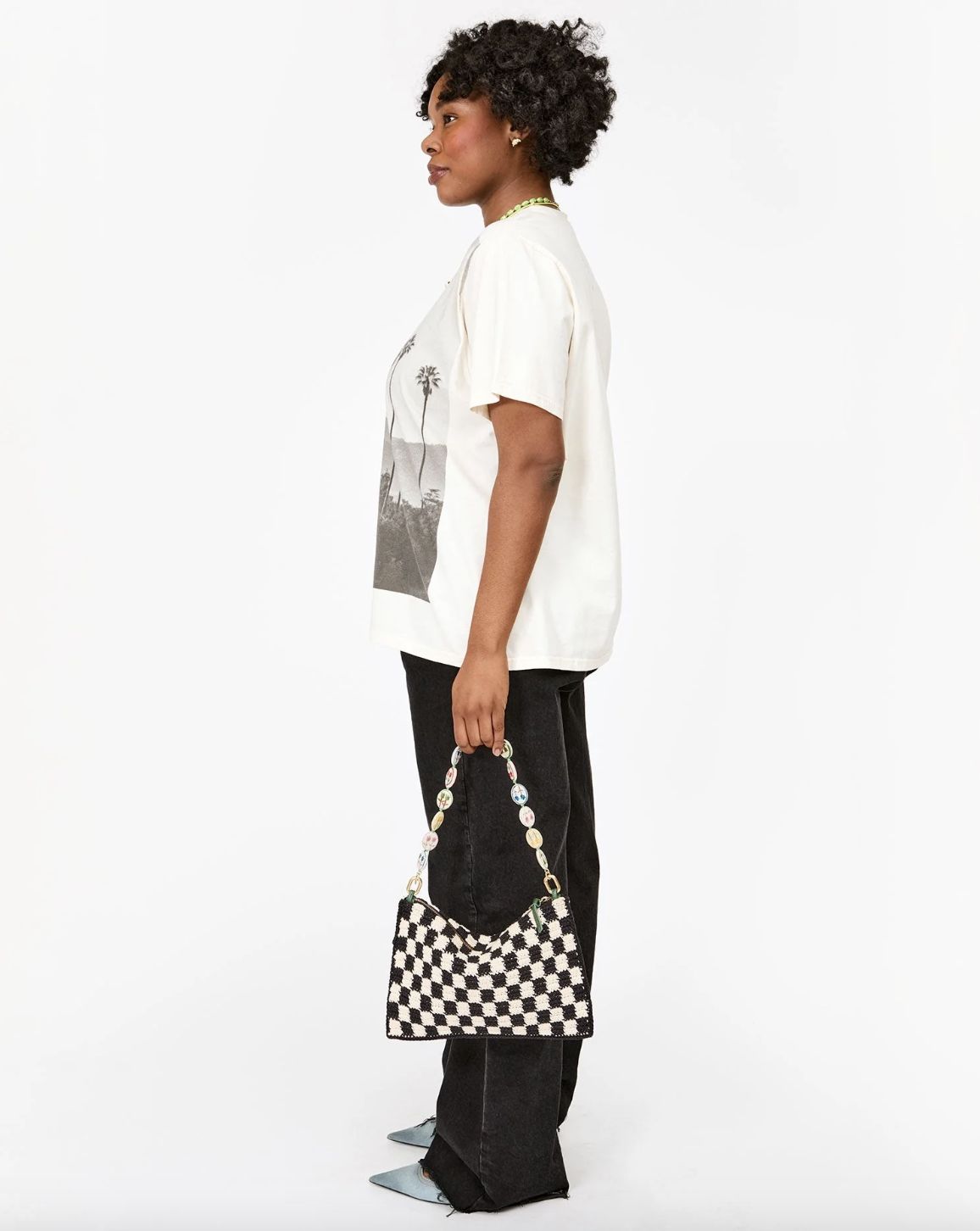 Clare V Flat Black and Cream Checked Crochet Clutch with Tabs