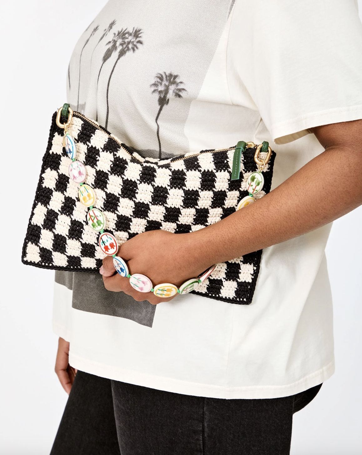 Clare V Flat Black and Cream Checked Crochet Clutch with Tabs