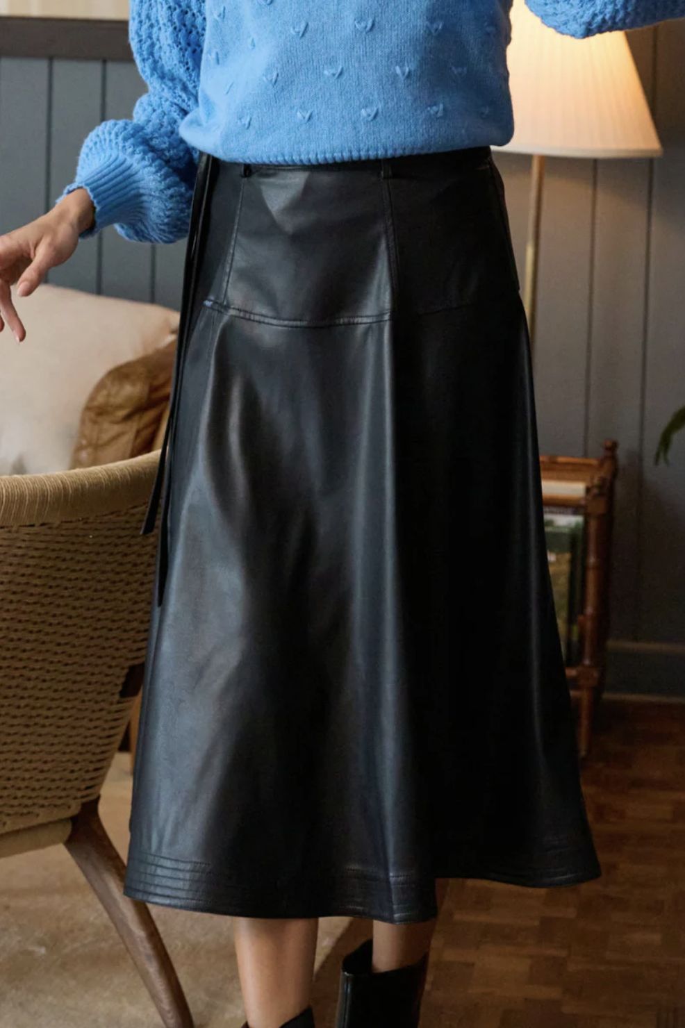 Stellah Vegan Leather Belted Midi Skirt, Color: Black, Size: XS