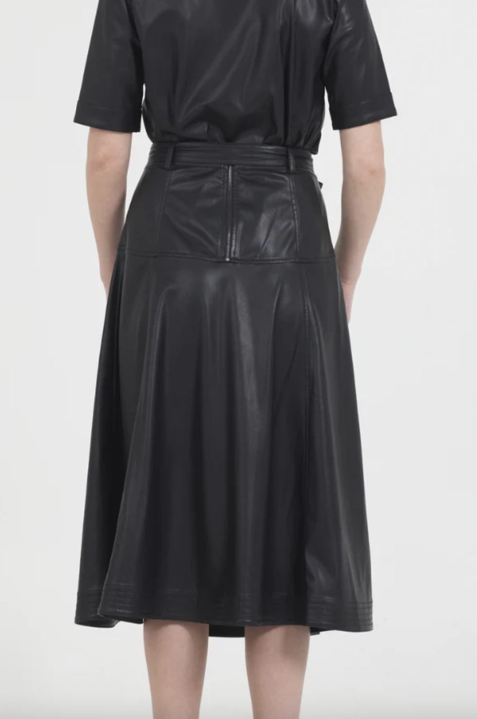 Stellah Vegan Leather Belted Midi Skirt