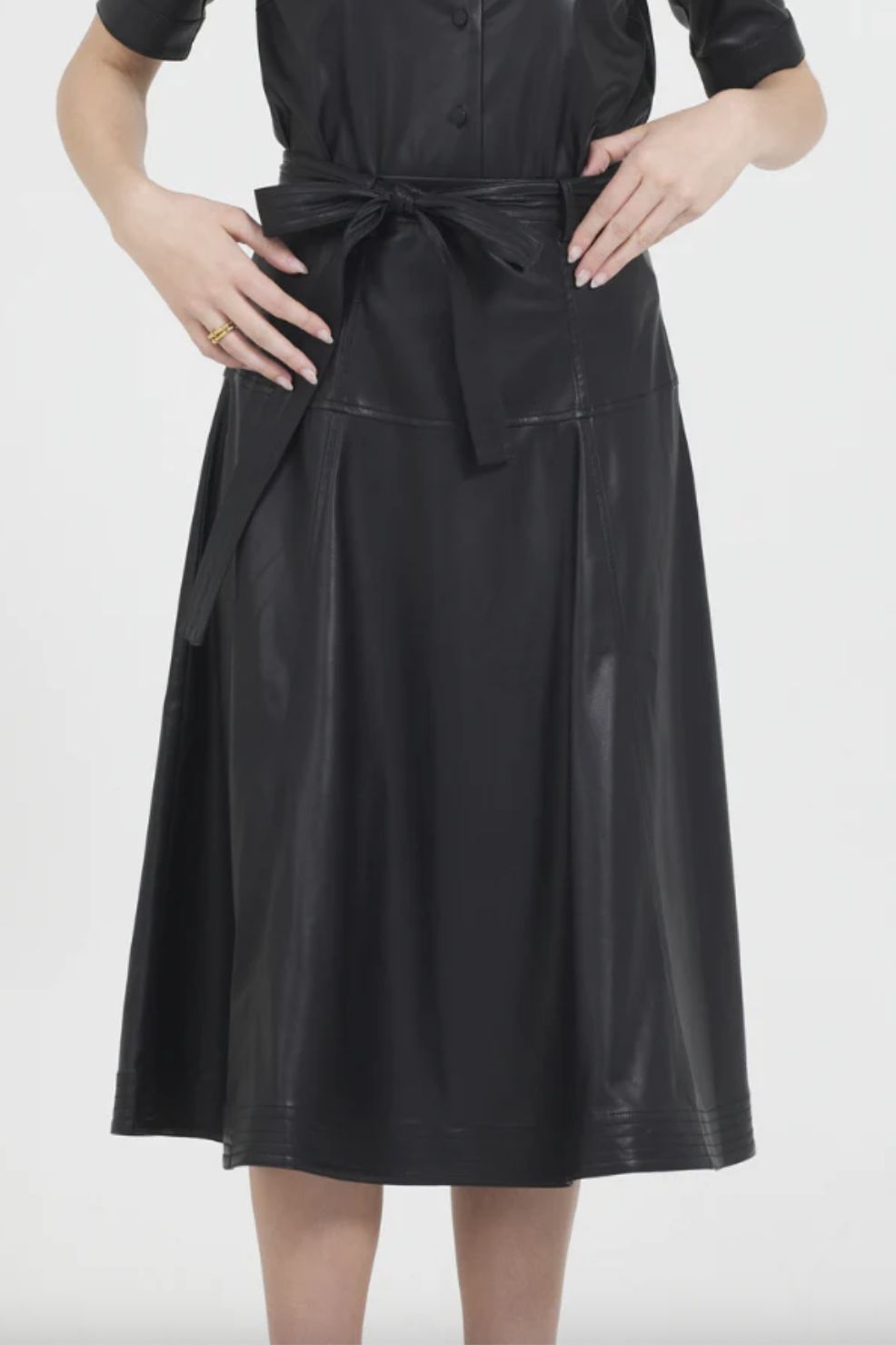 Stellah Vegan Leather Belted Midi Skirt