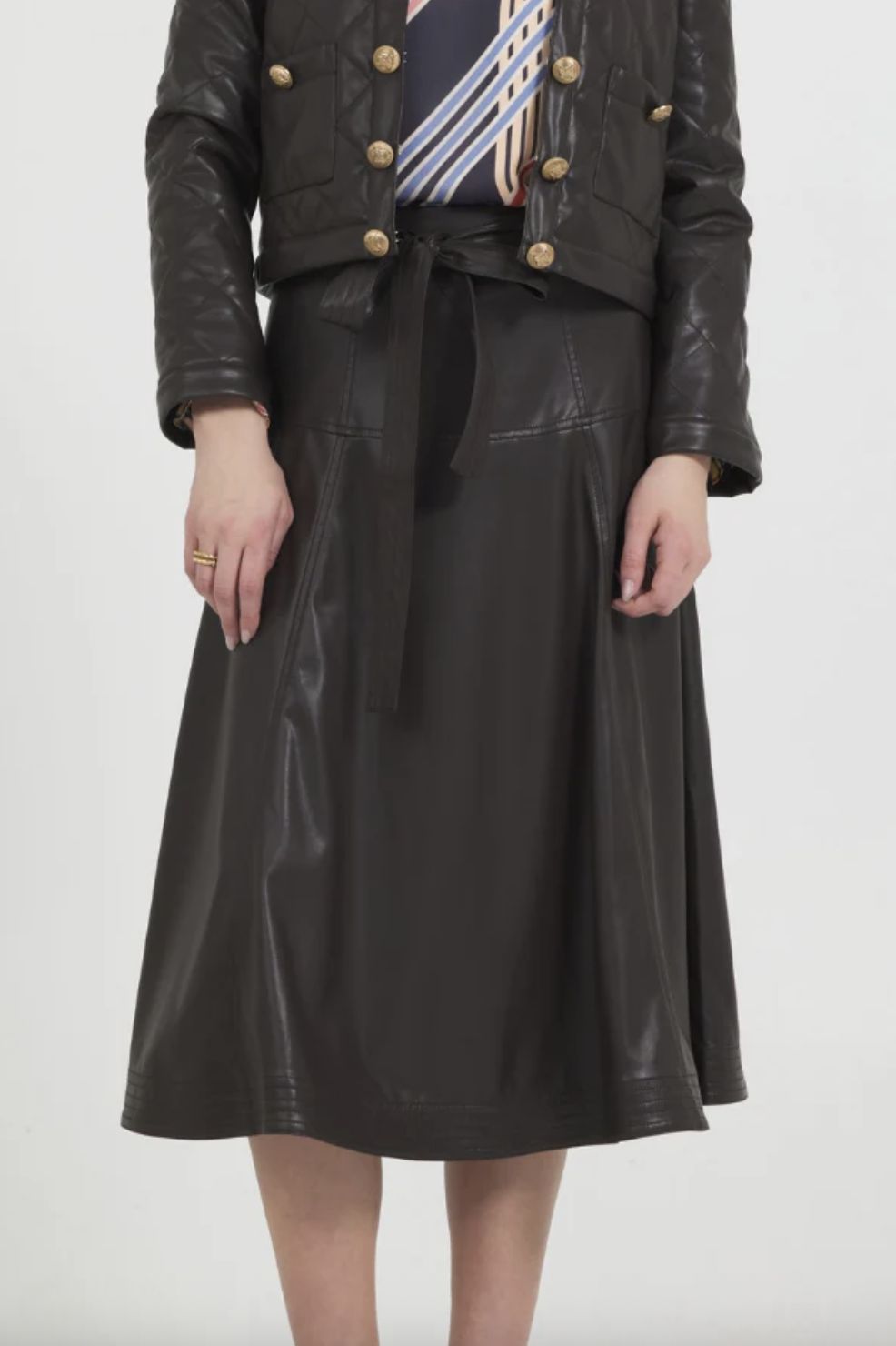 Stellah Vegan Leather Belted Midi Skirt