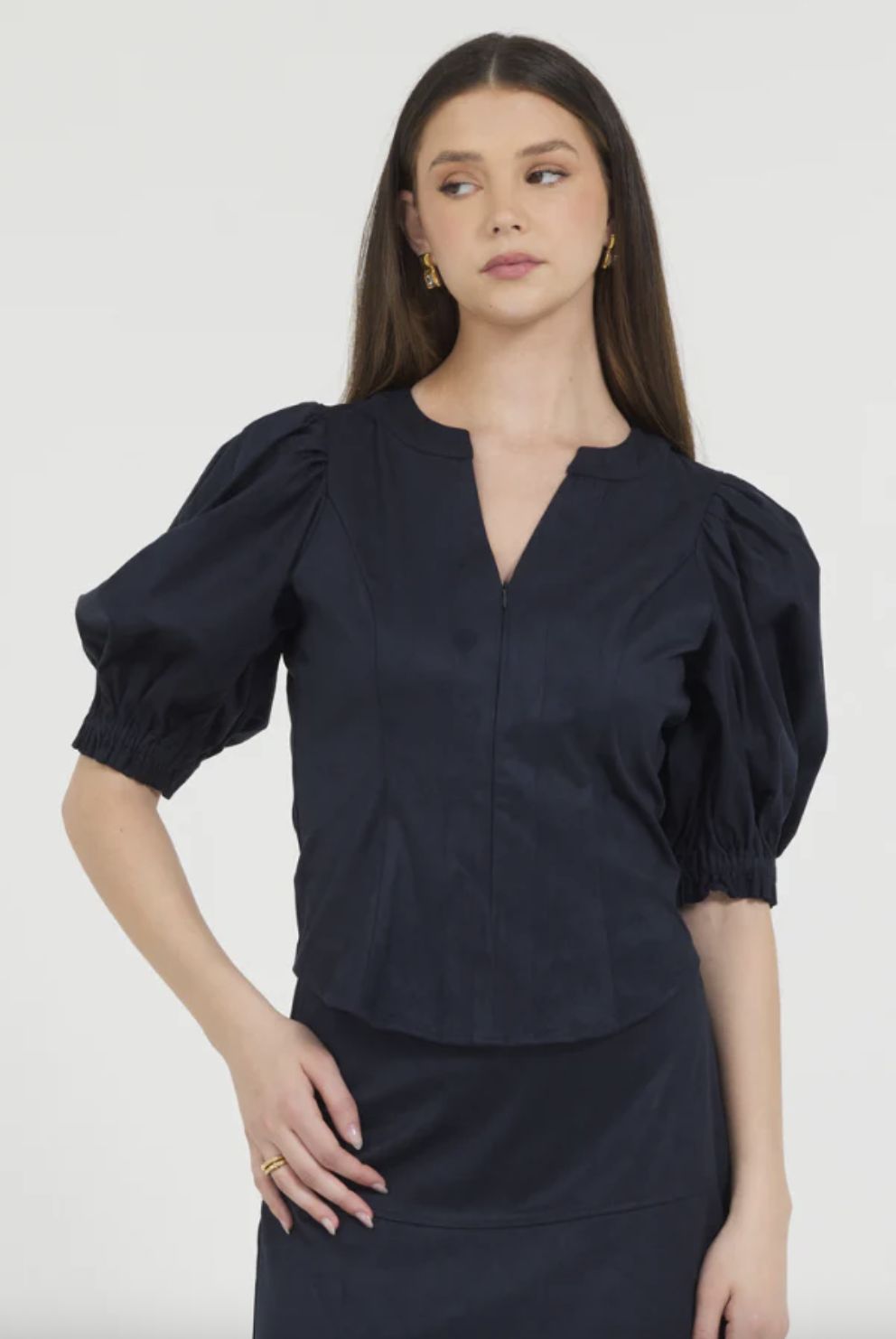 Stellah Vegan Suede Puff Sleeve Top