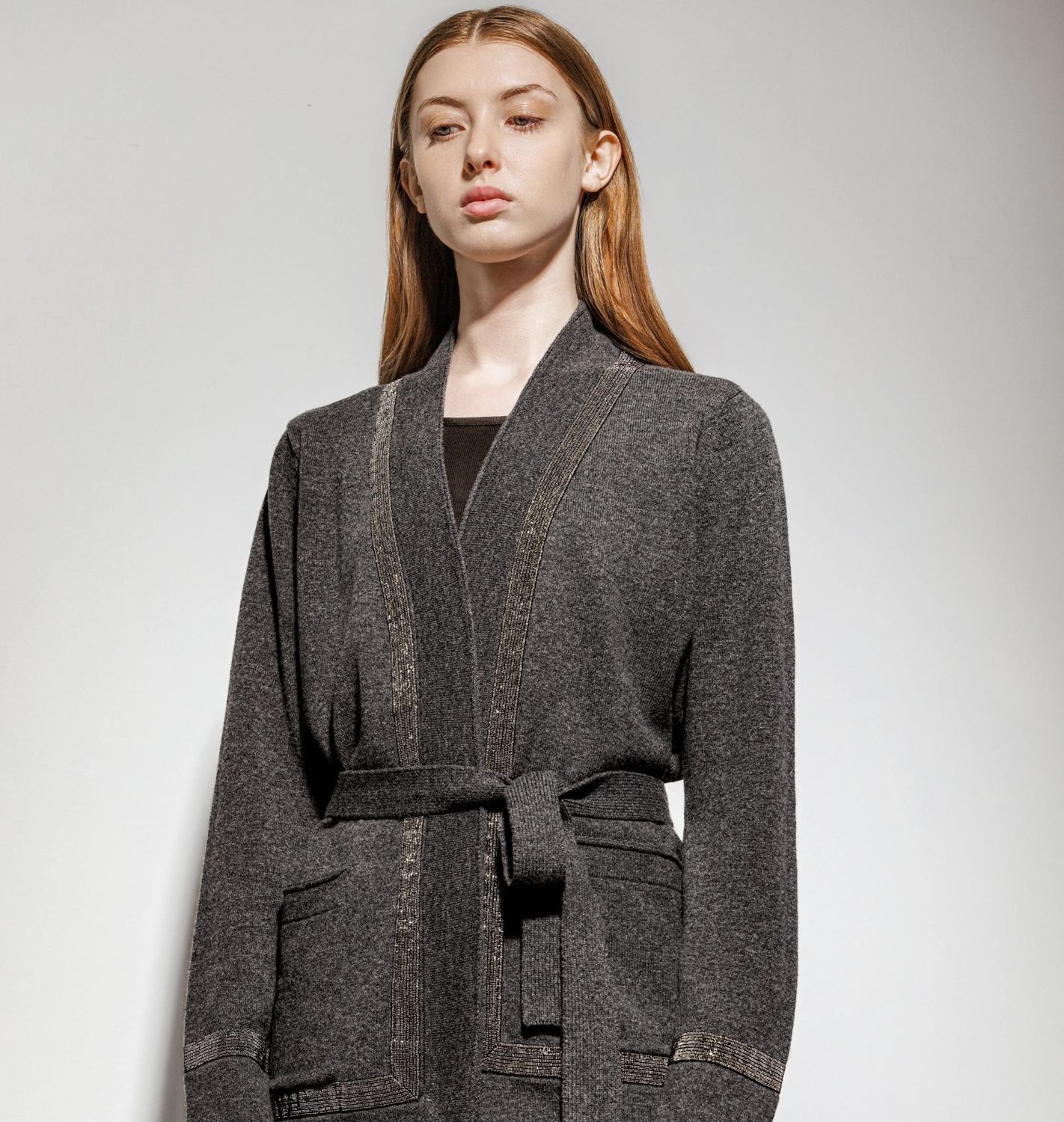 SOH Short Belted Cardigan with Metal Mesh Accents