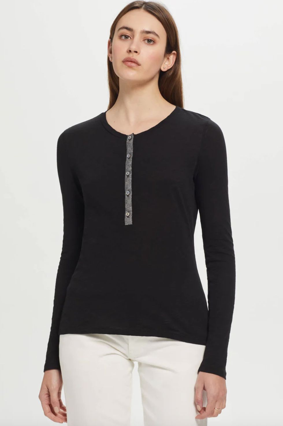 Goldie Long Sleeve Shimmer Placket Henley, Color: Black, Size: XS