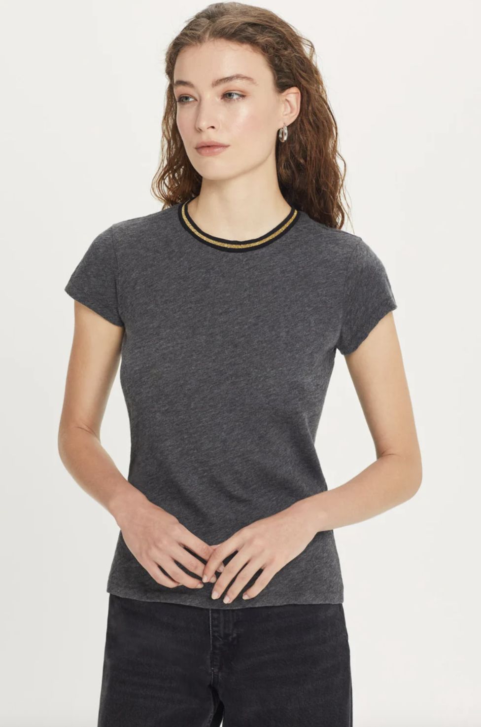 Goldie Short Sleeve Charcoal Tipped Ringer Tee