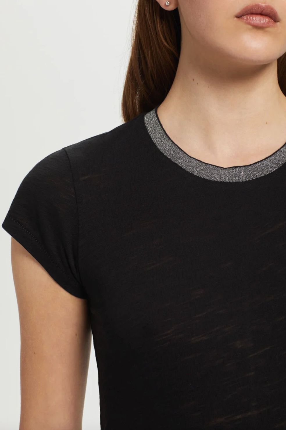 Goldie Short Sleeve Silver Metallic Black Ringer Tee