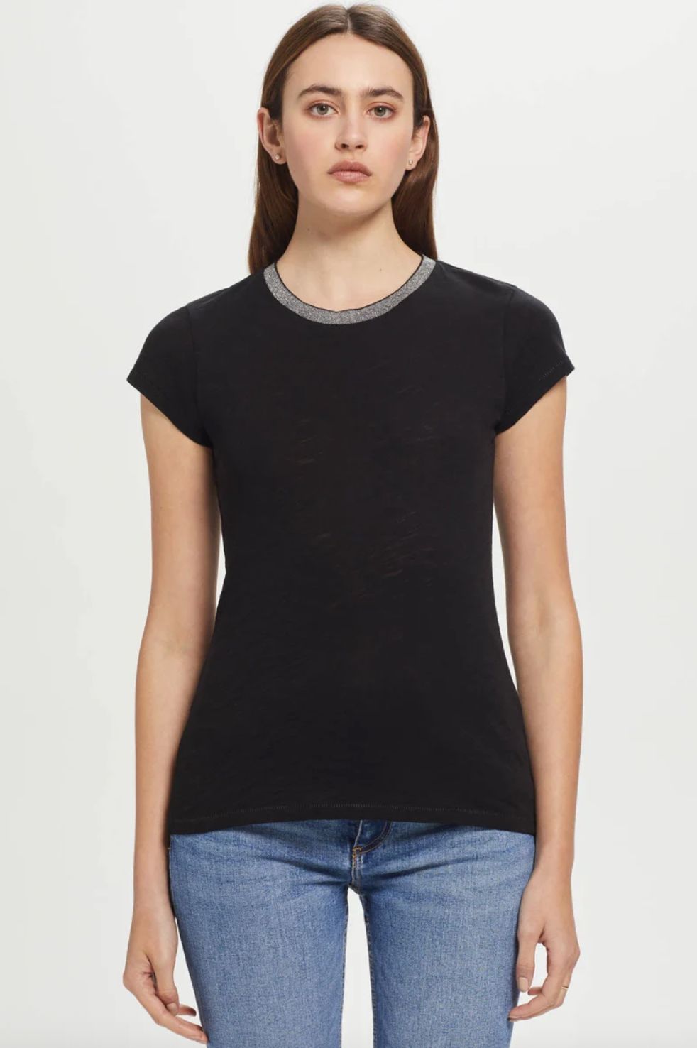 Goldie Short Sleeve Silver Metallic Black Ringer Tee