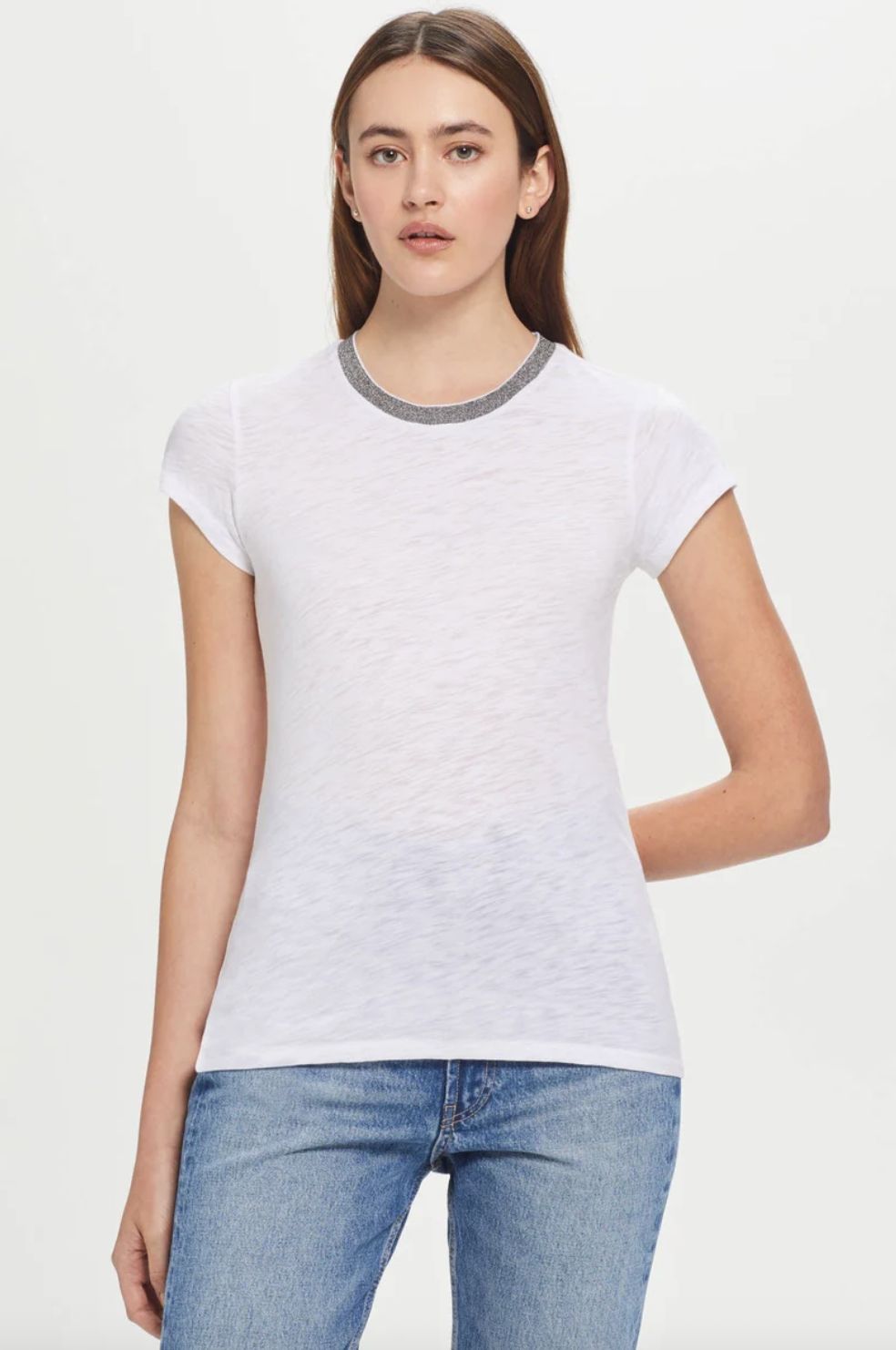 Goldie Short Sleeve White Metallic Ringer Tee