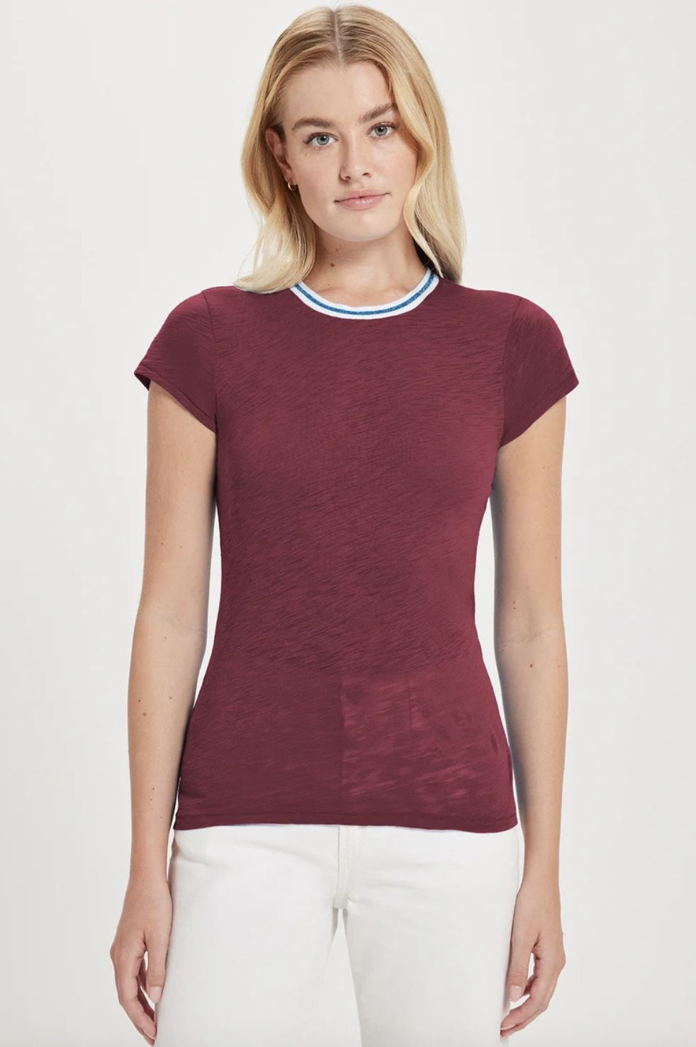 Goldie Short Sleeve Bordeaux Tipped Ringer Tee
