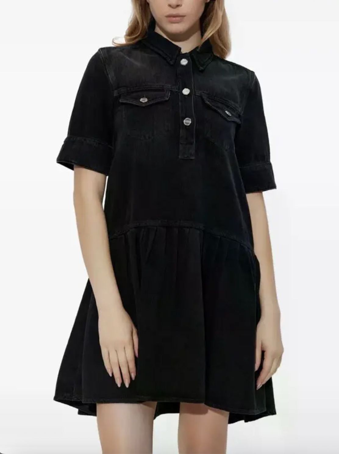 Ganni Soft Rigid Denim Mini Dress in Washed Black