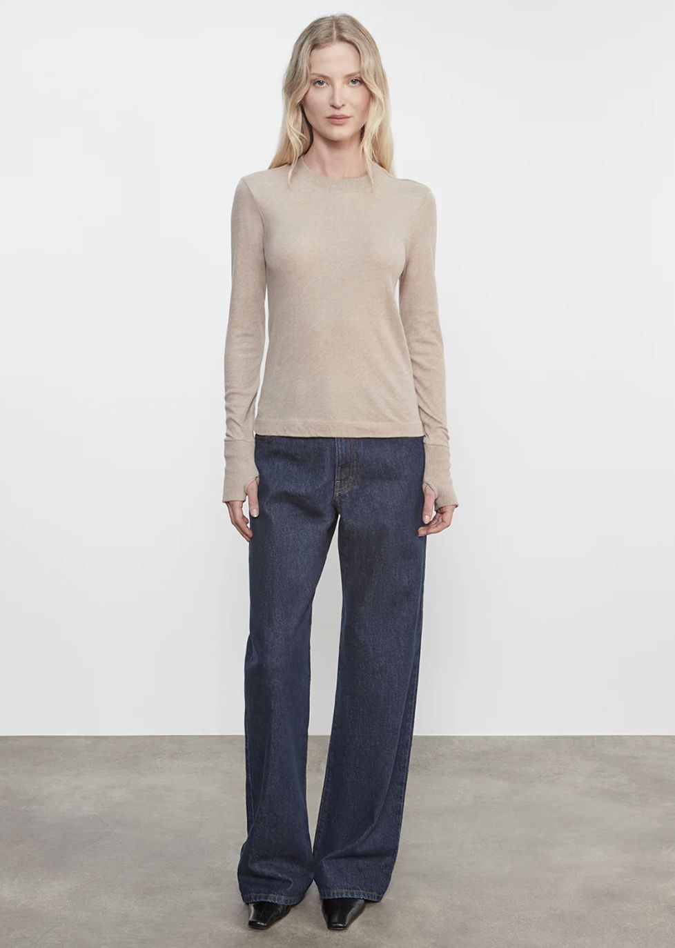 Enza Costa Cashmere Easy Cuff Long Sleeve Crew, Color: Khaki, Size: XS