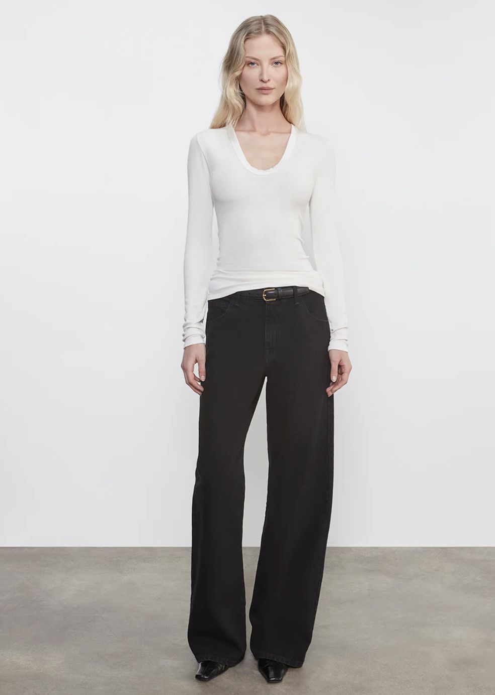 Enza Costa Rib Bold Long Sleeve U Tee in Chalk