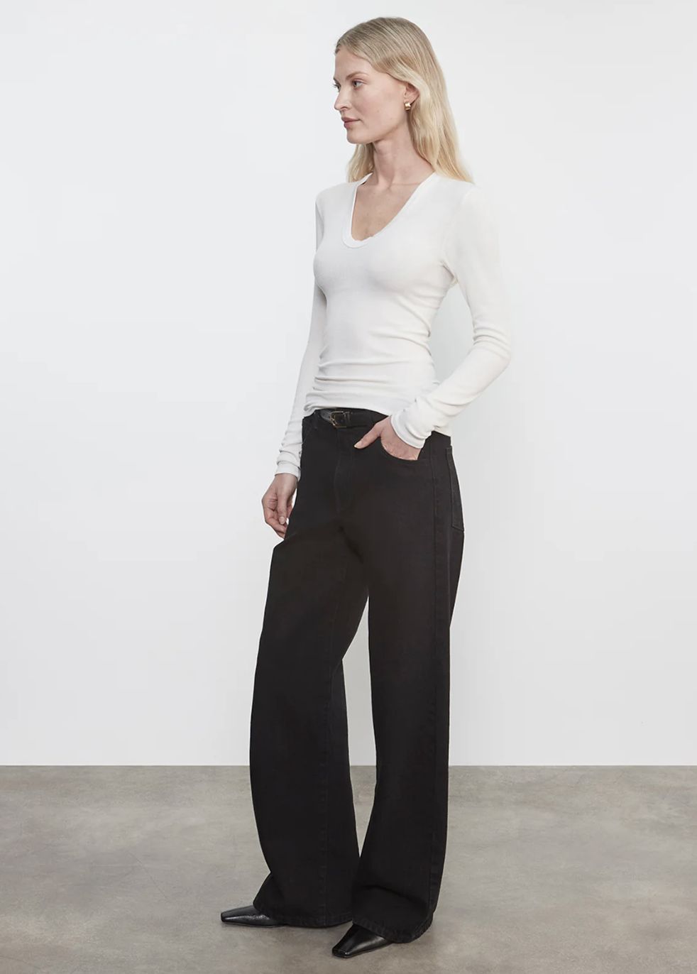 Enza Costa Rib Bold Long Sleeve U Tee in Chalk