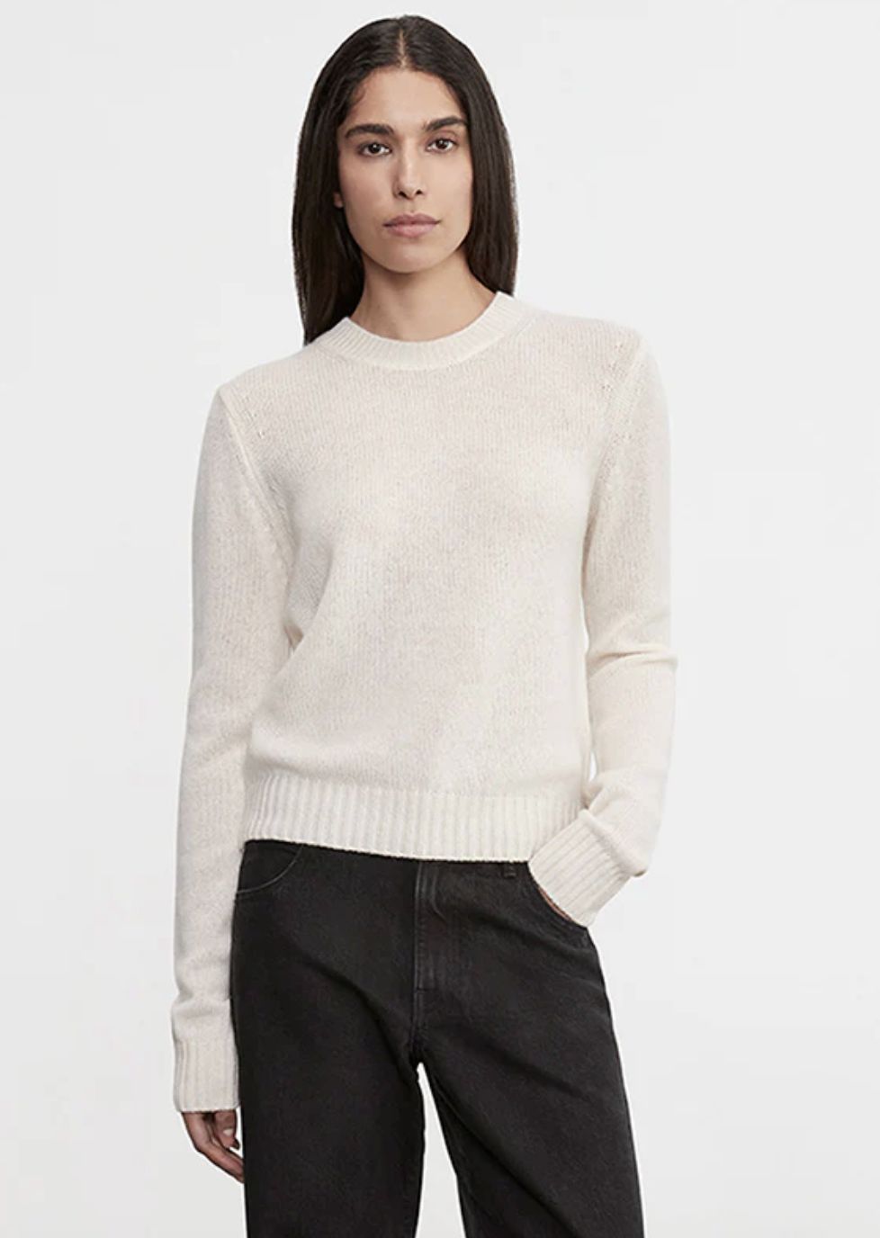 Enza Costa Cashmere Easy Crew Neck Sweater in Chalk