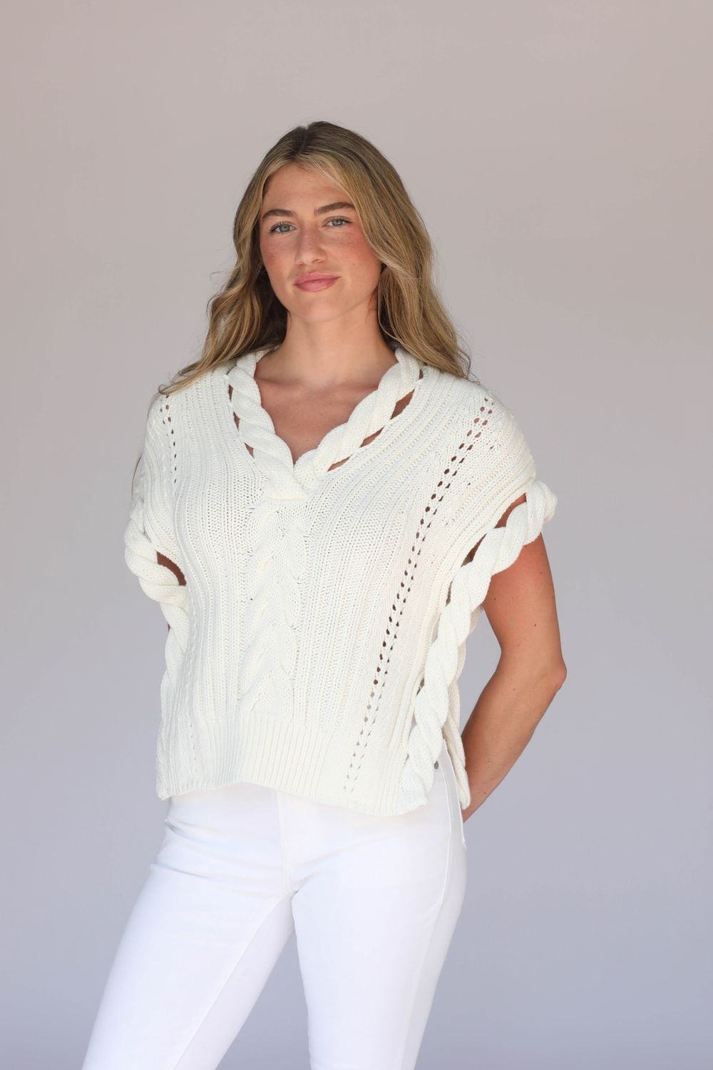 Archer Marie Cable Short Sleeve V-Neck Sweater