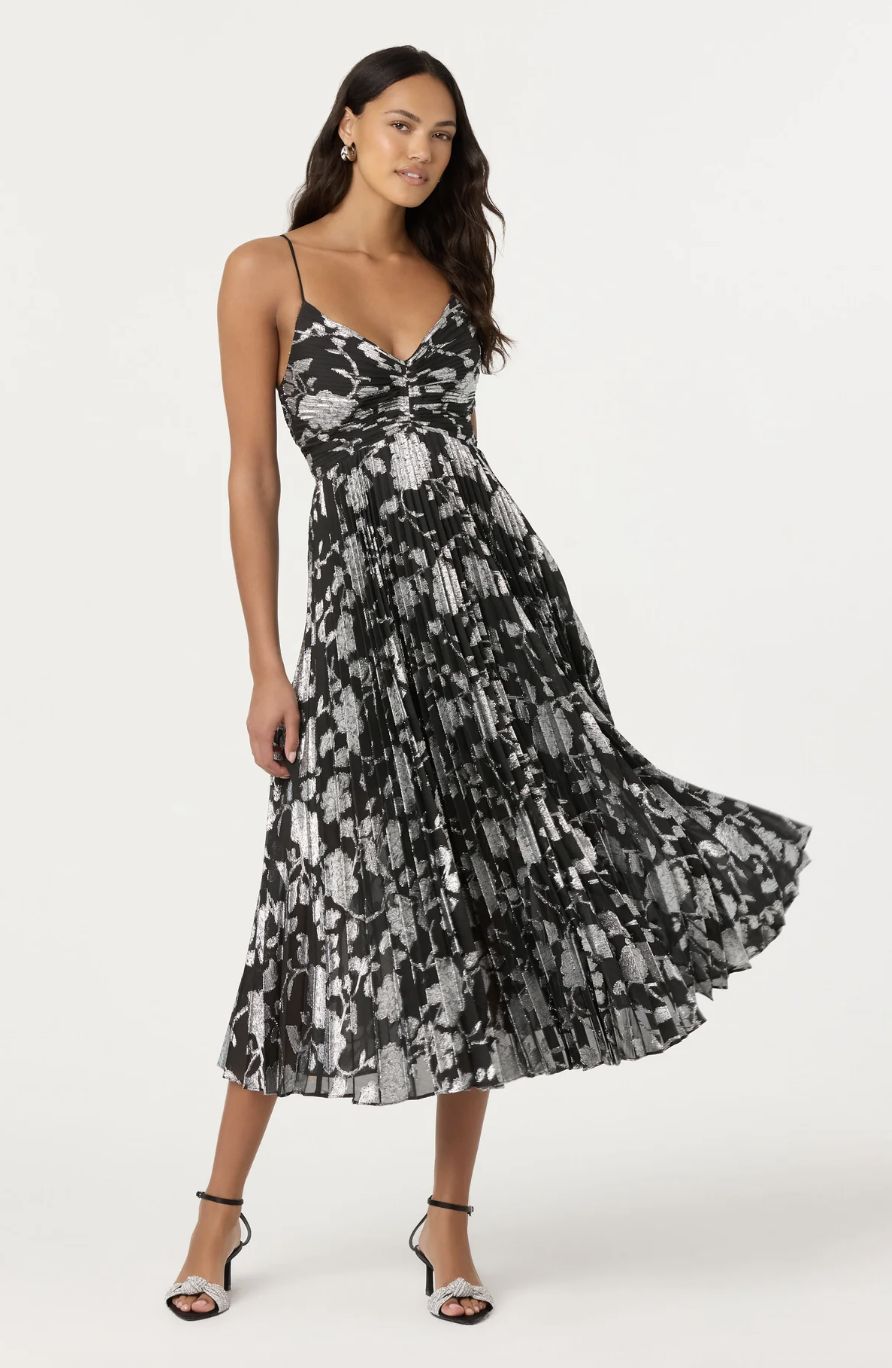 ASTR Saoirse Metallic Pleated Midi Dress