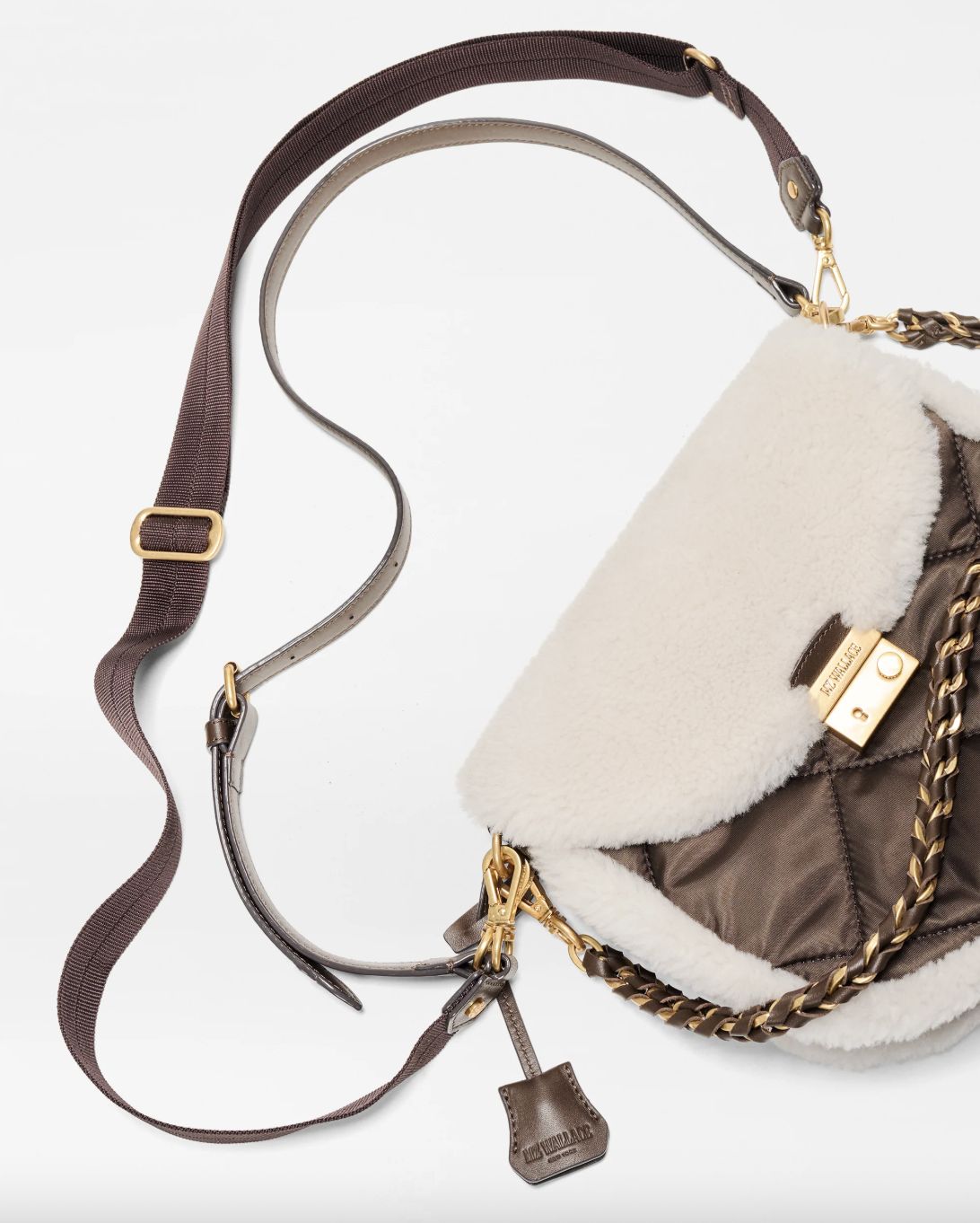 MZ Wallace  Shearling / Walnut Crosby Lock Saddle Crossbody