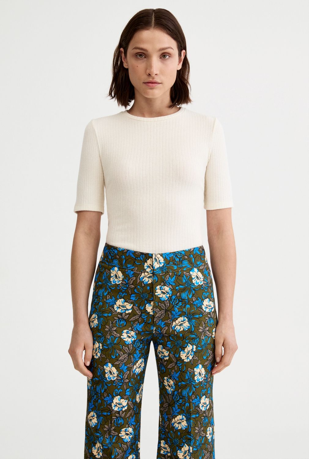 Smythe Elbow Sleeve Ribbed Knit Crew, Color: Ivory, Size: XS