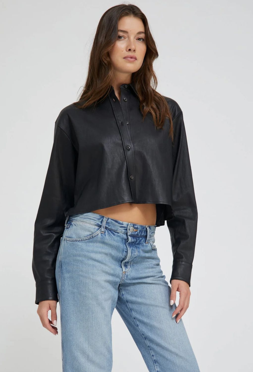 SPRWMN Cropped Leather Button Up Shirt