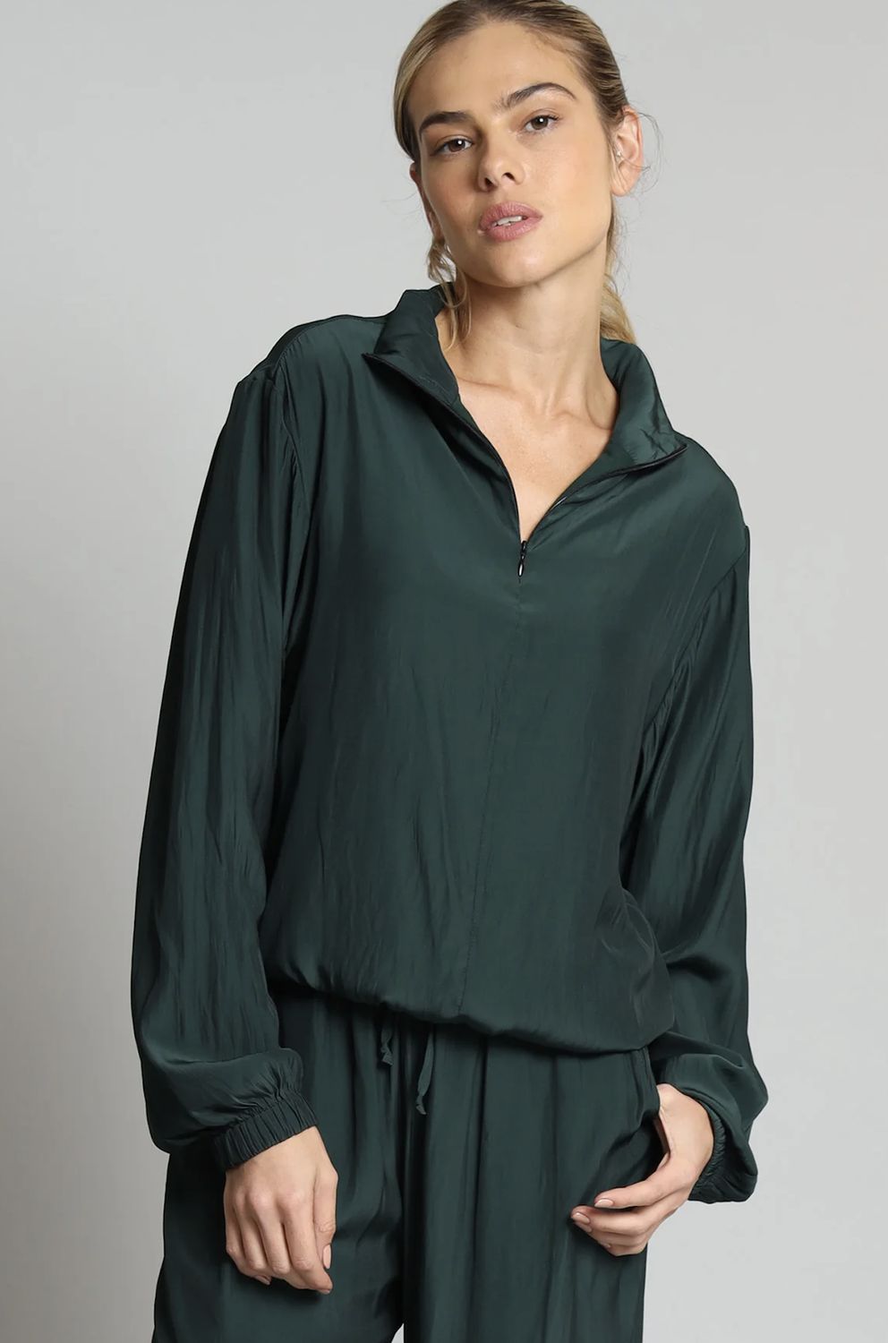 Lola &amp; Sophie D-Satin Half Zip Sweatshirt, Color: Pine, Size: XS