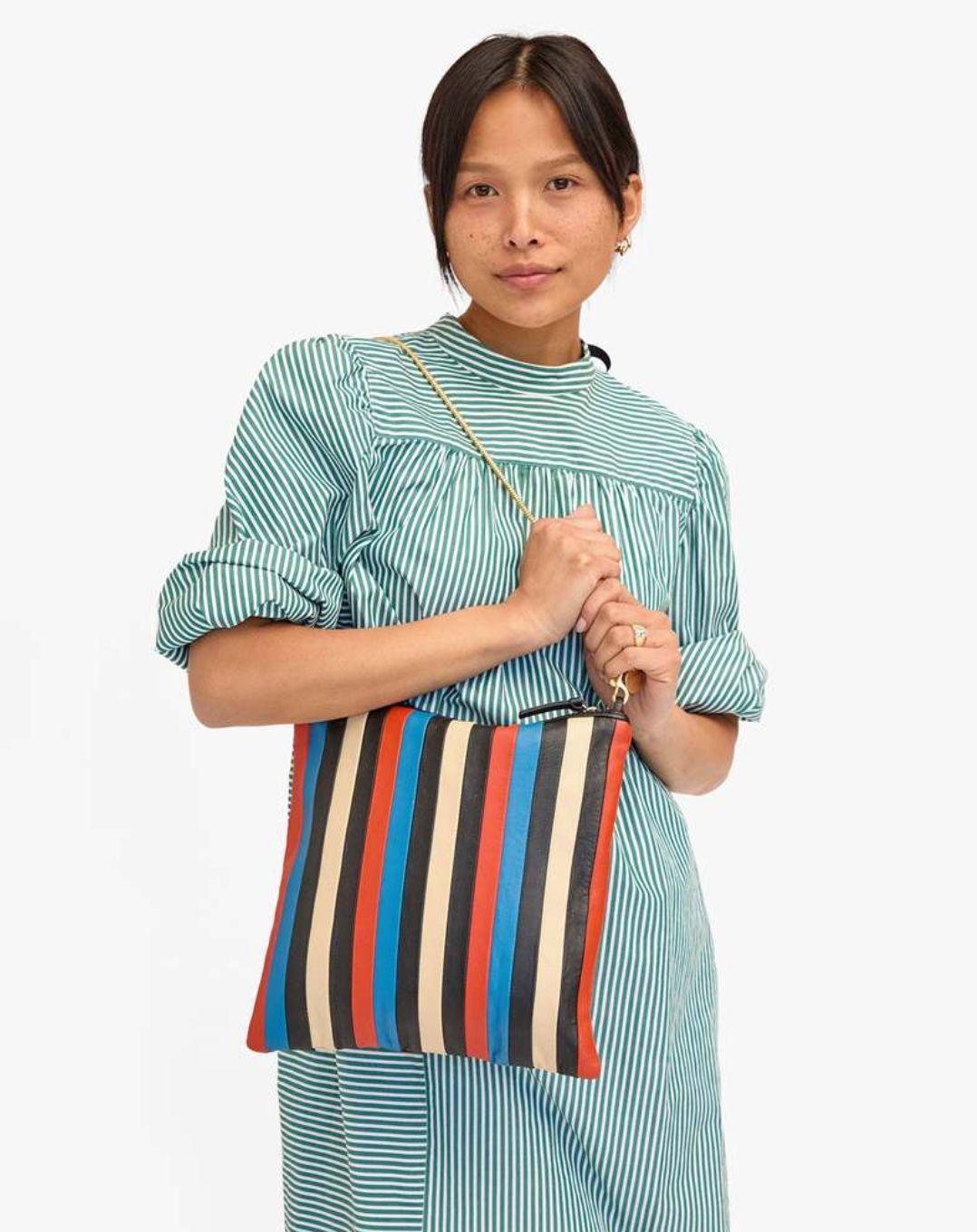 Clare V Striped Foldover Clutch with Tabs