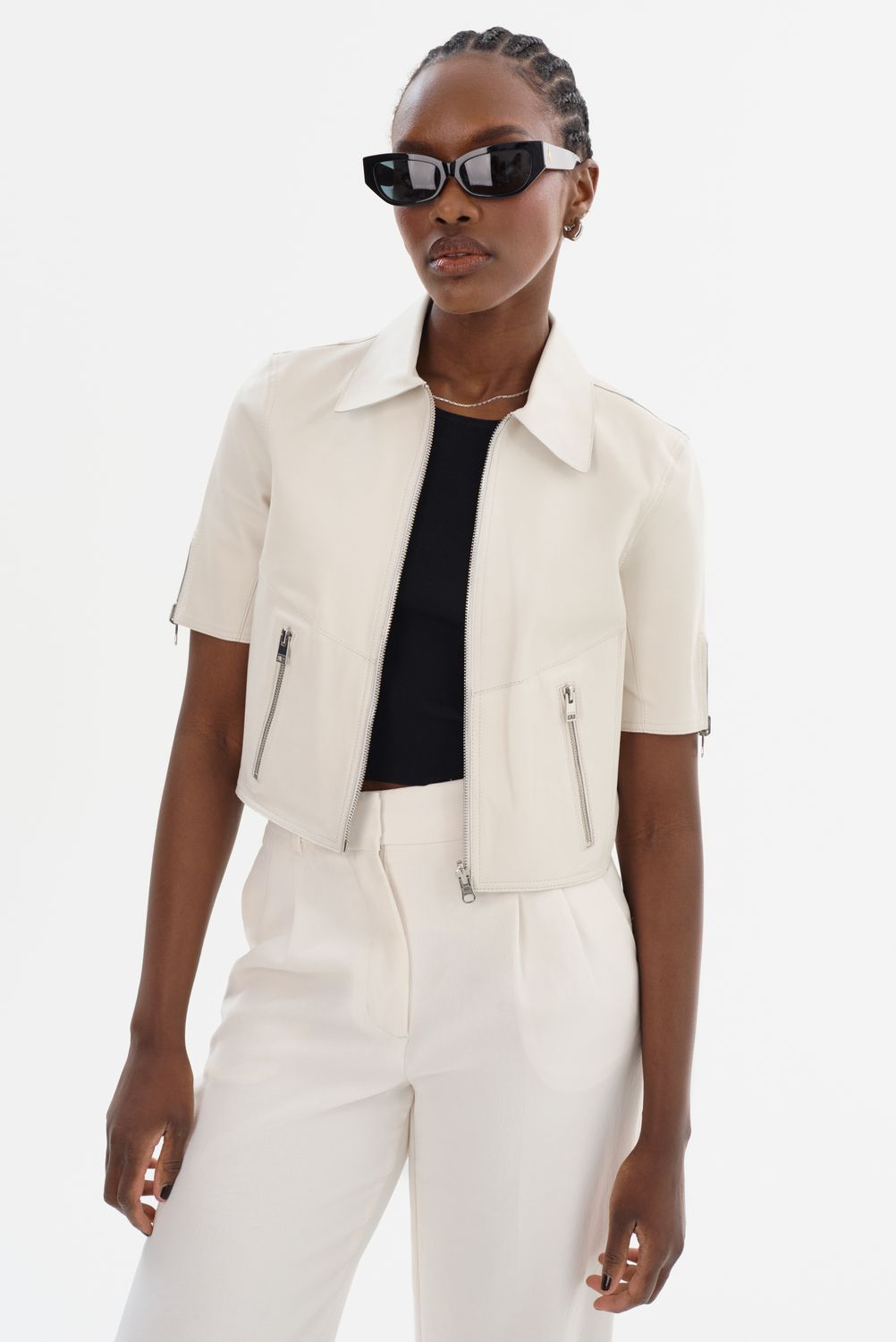 Lamarque Sevana Cropped Leather Reversible Jacket with Silver