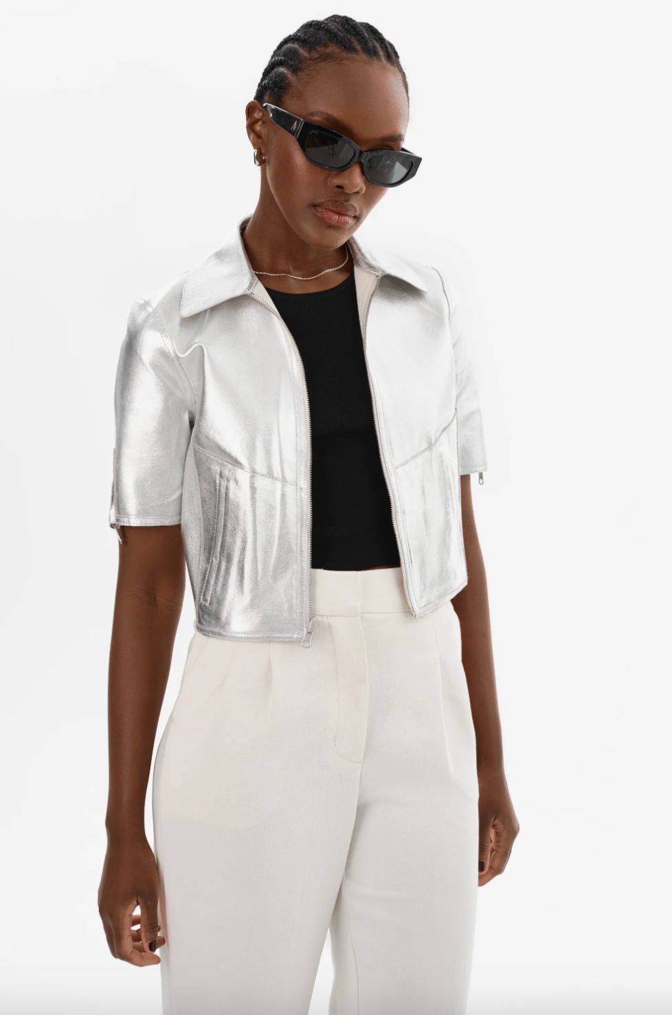 Lamarque Sevana Cropped Leather Reversible Jacket with Silver
