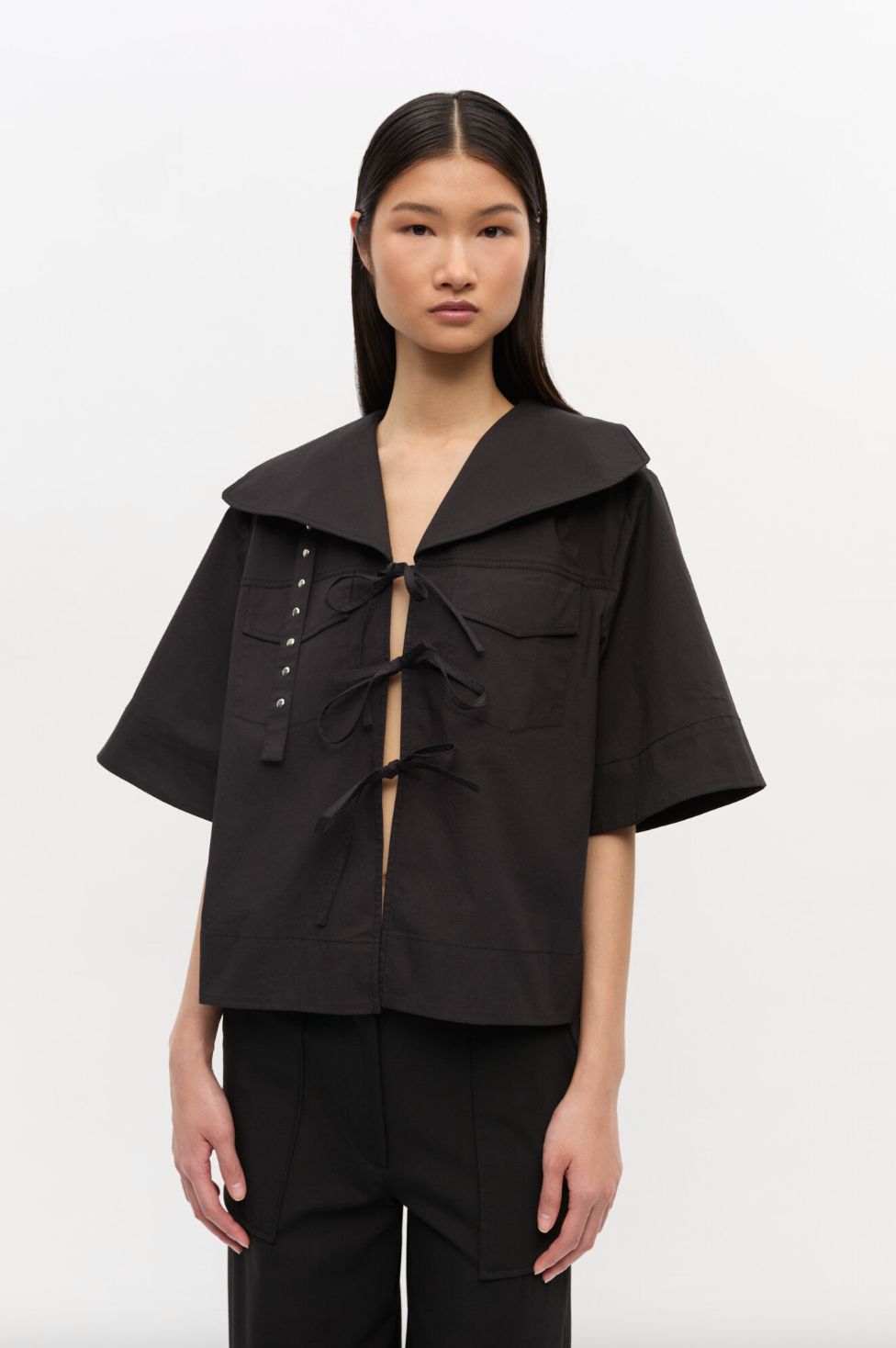 GANNI Stretch Cotton Blouse with Ties