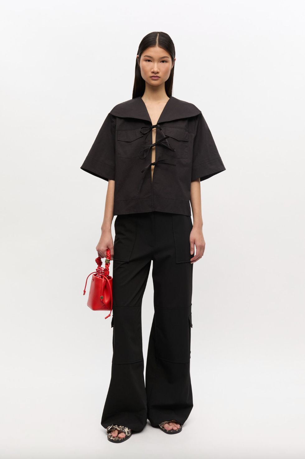 GANNI Stretch Cotton Blouse with Ties