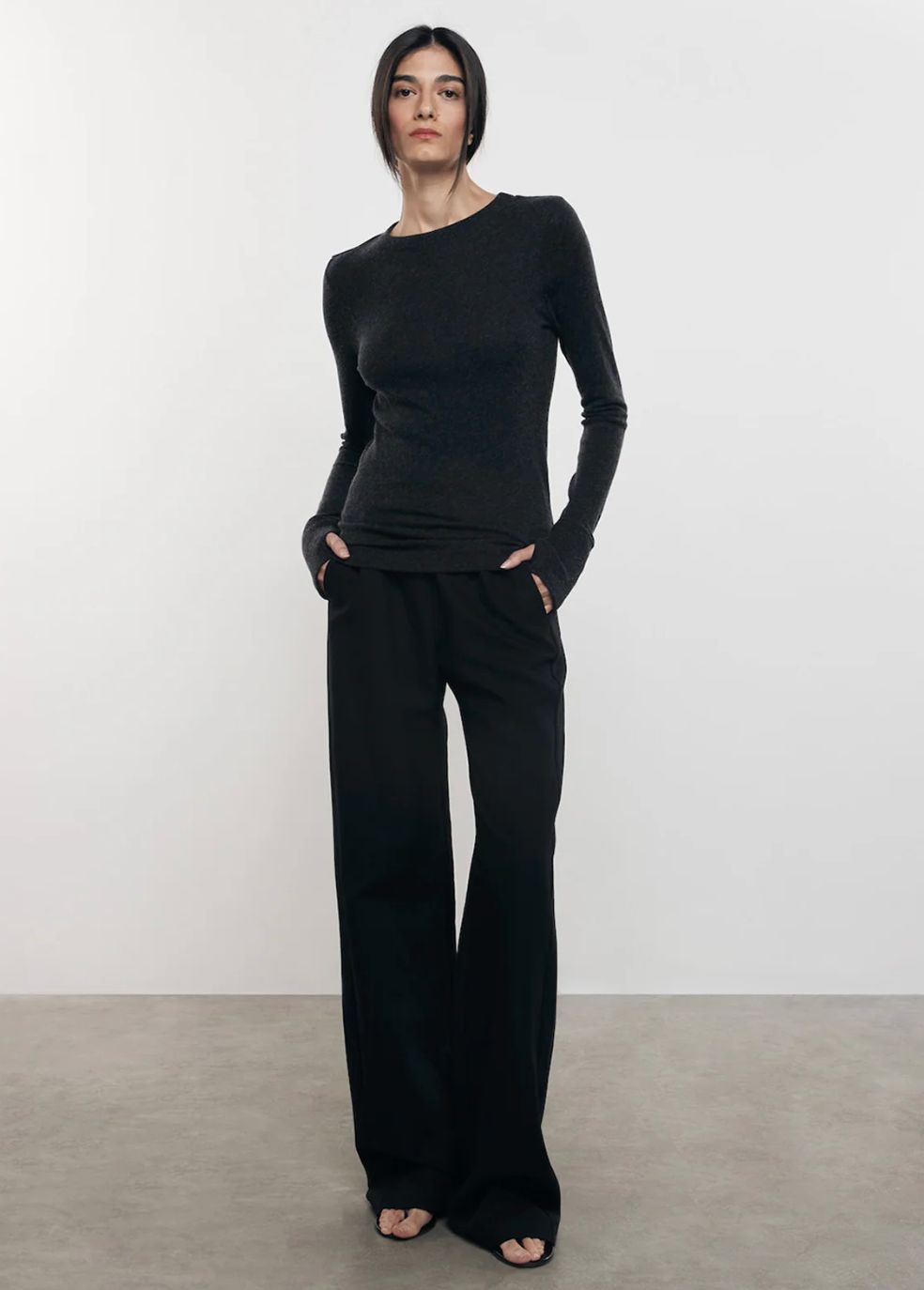 Enza Costa Cashmere Easy Cuff Crew, Color: Charcoal, Size: XS
