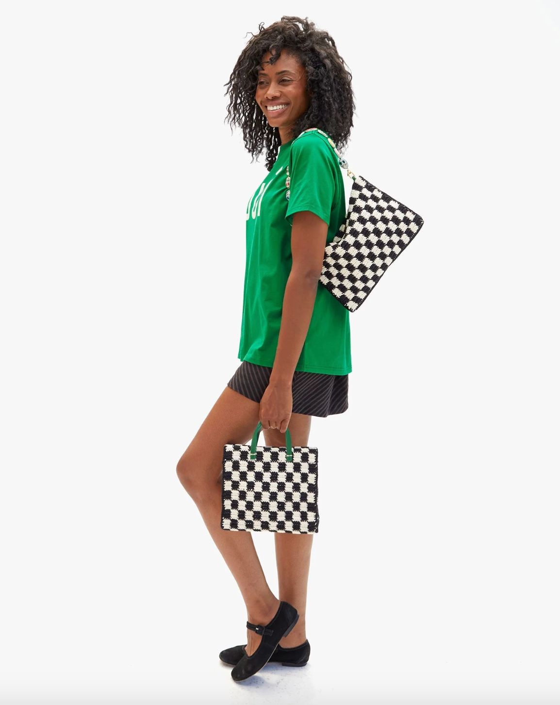 Clare V Flat Black and Cream Checked Crochet Clutch with Tabs
