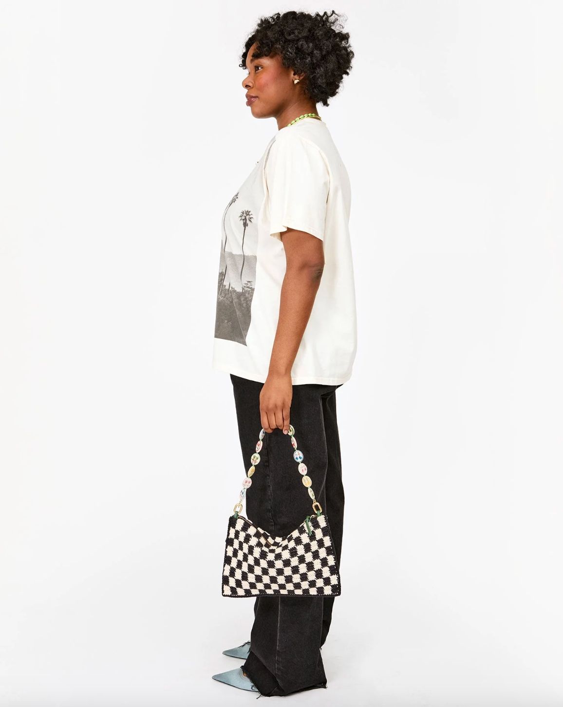Clare V Flat Black and Cream Checked Crochet Clutch with Tabs