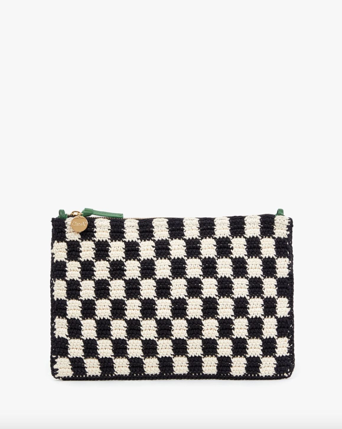 Clare V Flat Black and Cream Checked Crochet Clutch with Tabs