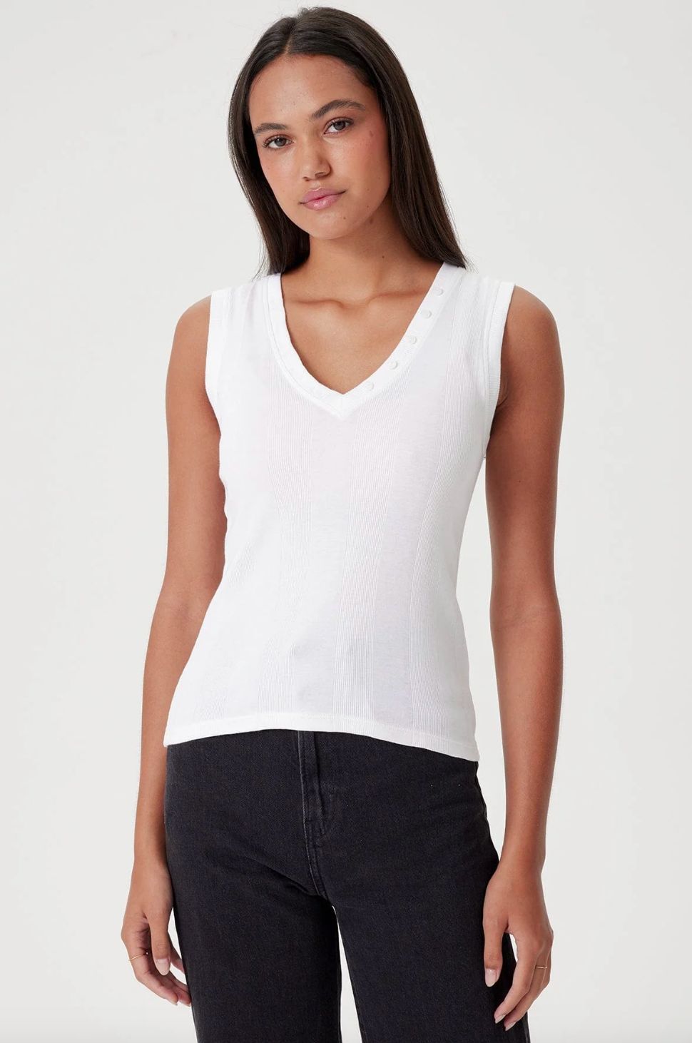 Goldie Cotton Rib V-Neck Tank with Buttons