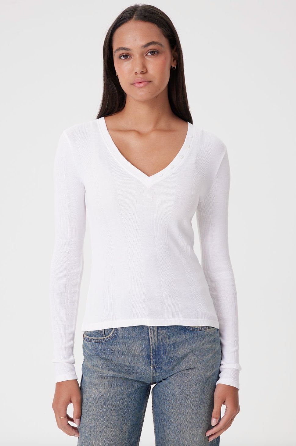 Goldie Long Sleeve Cotton Rib V-Neck with Buttons