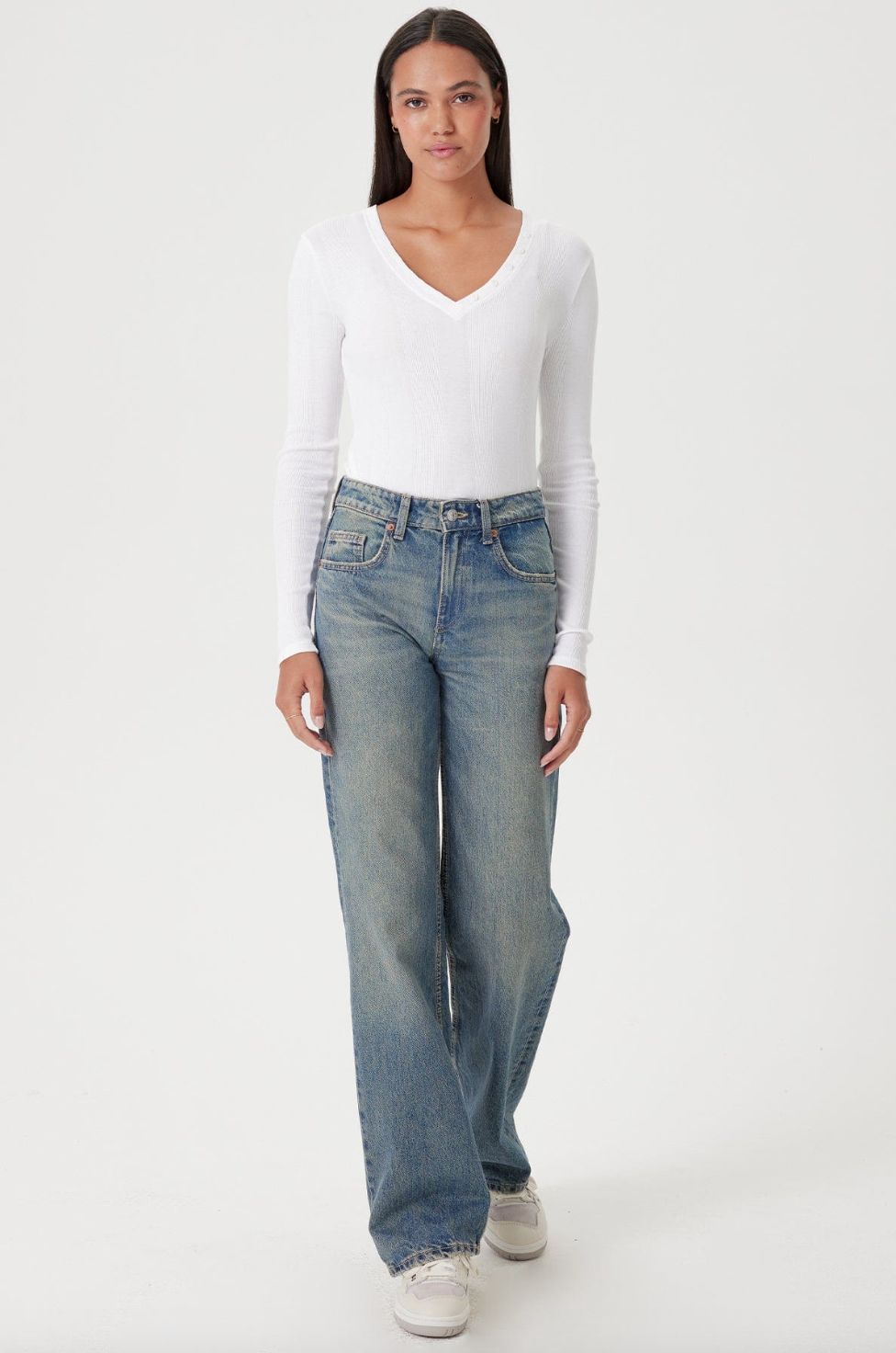 Goldie Long Sleeve Cotton Rib V-Neck with Buttons