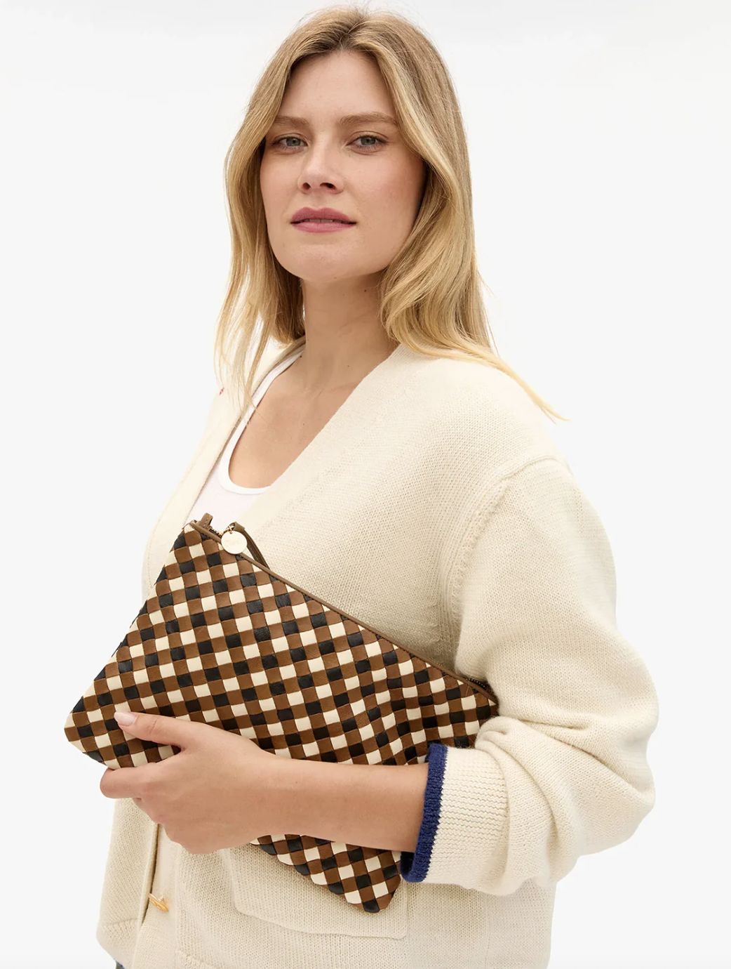 Clare V Woven Diagonal Clutch in Oat Multi