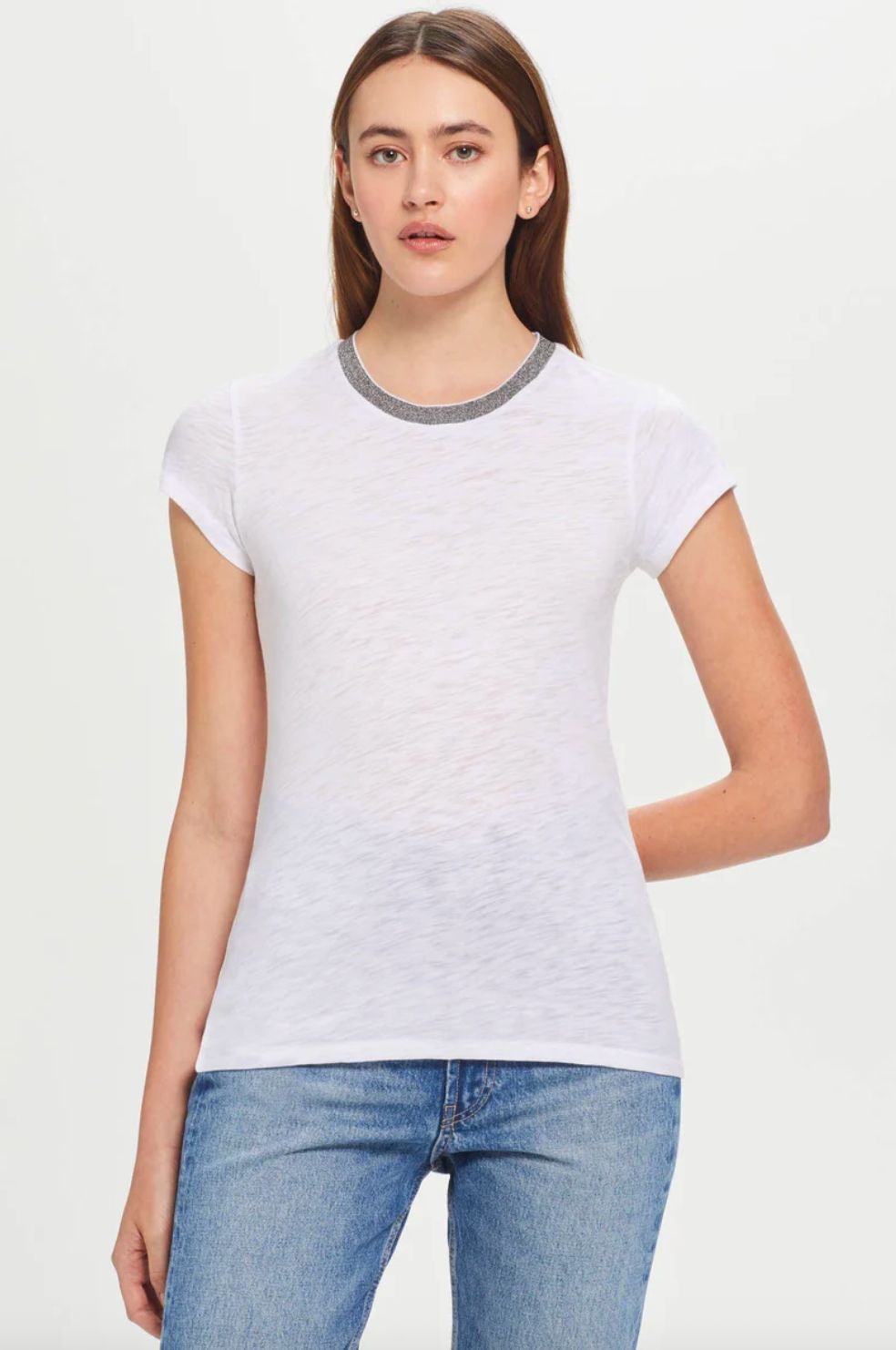 Goldie Short Sleeve White Metallic Ringer Tee
