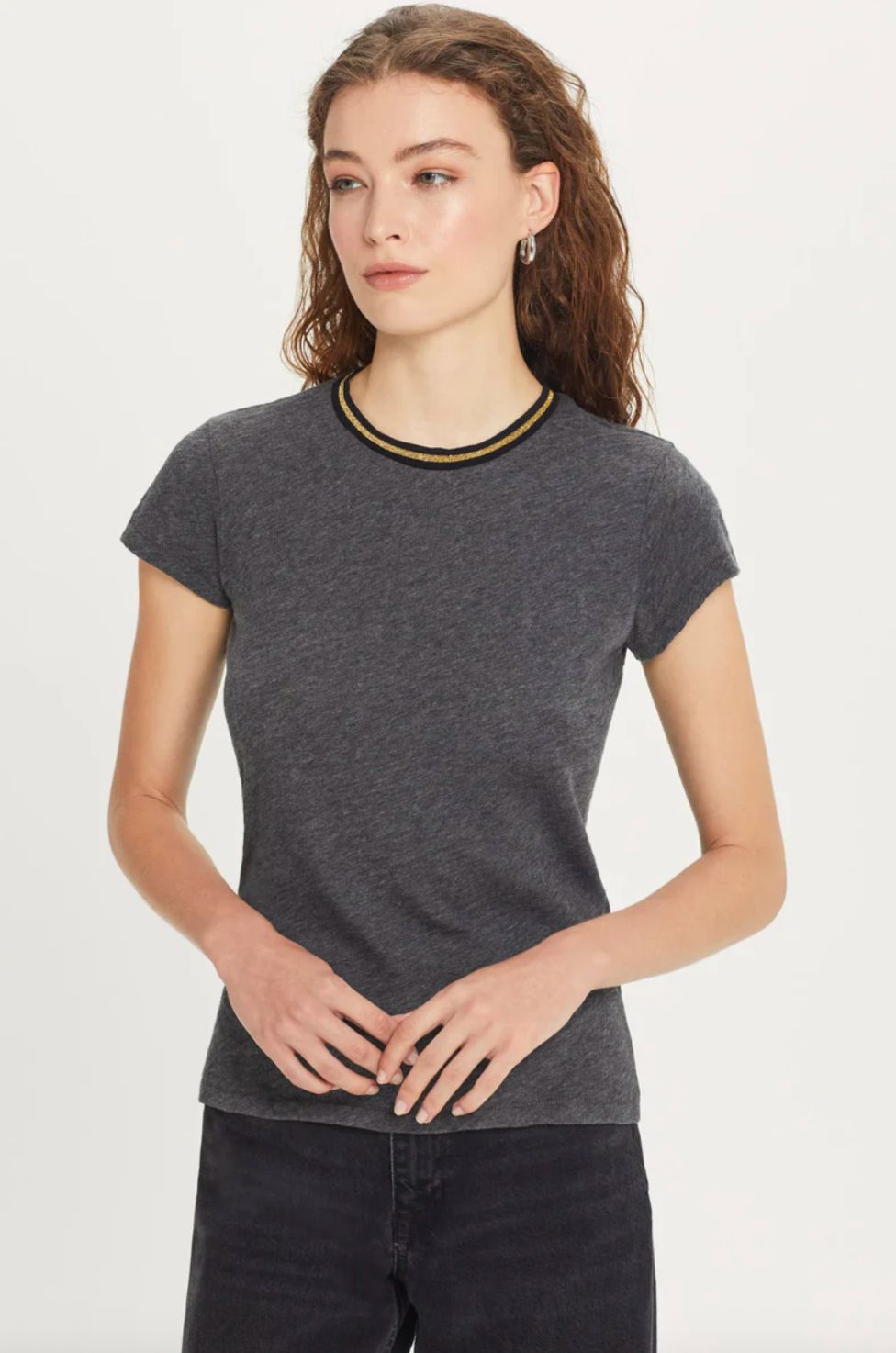 Goldie Short Sleeve Charcoal Tipped Ringer Tee