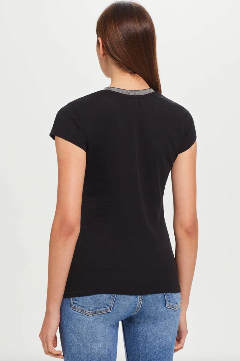 Goldie Short Sleeve Silver Metallic Black Ringer Tee