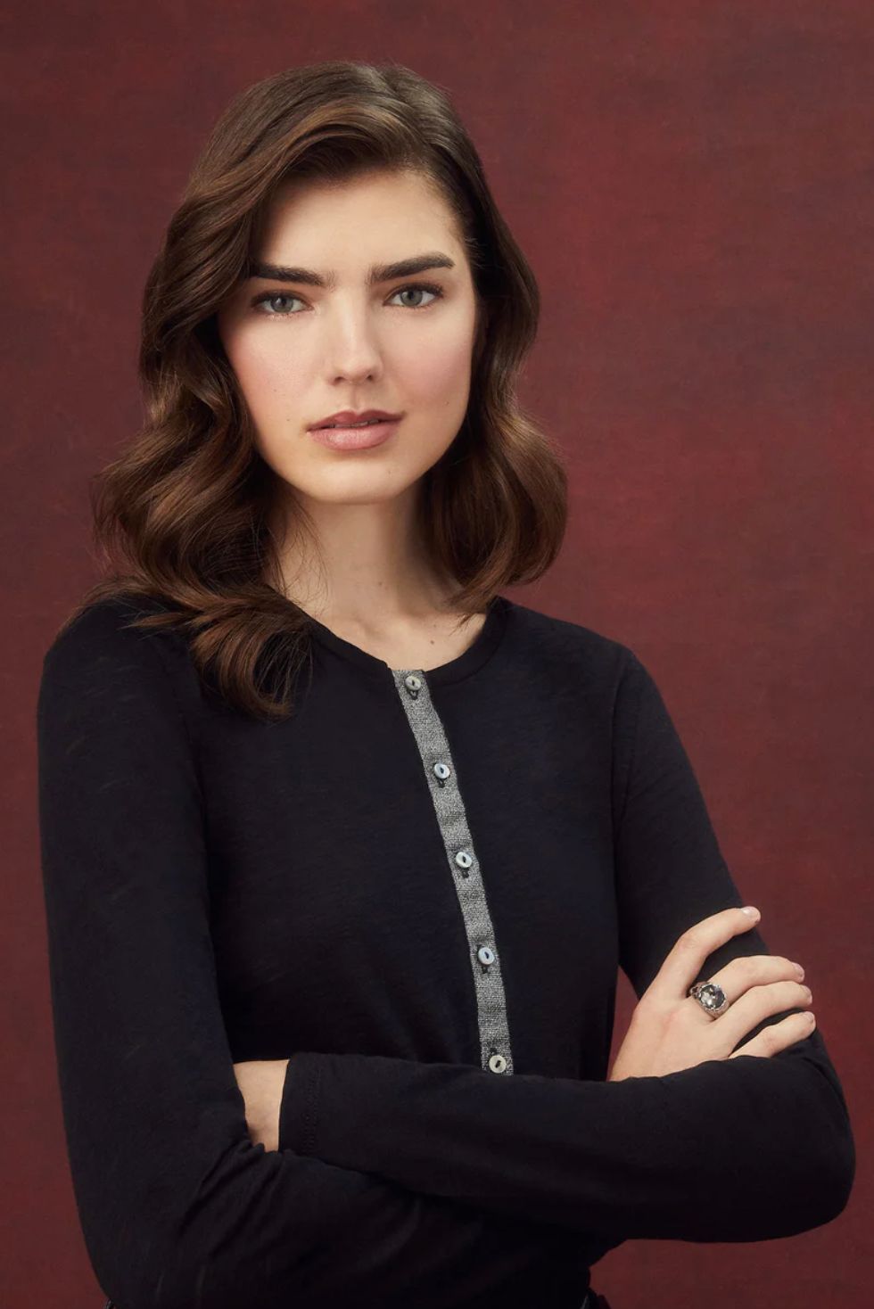 Goldie Long Sleeve Shimmer Placket Henley