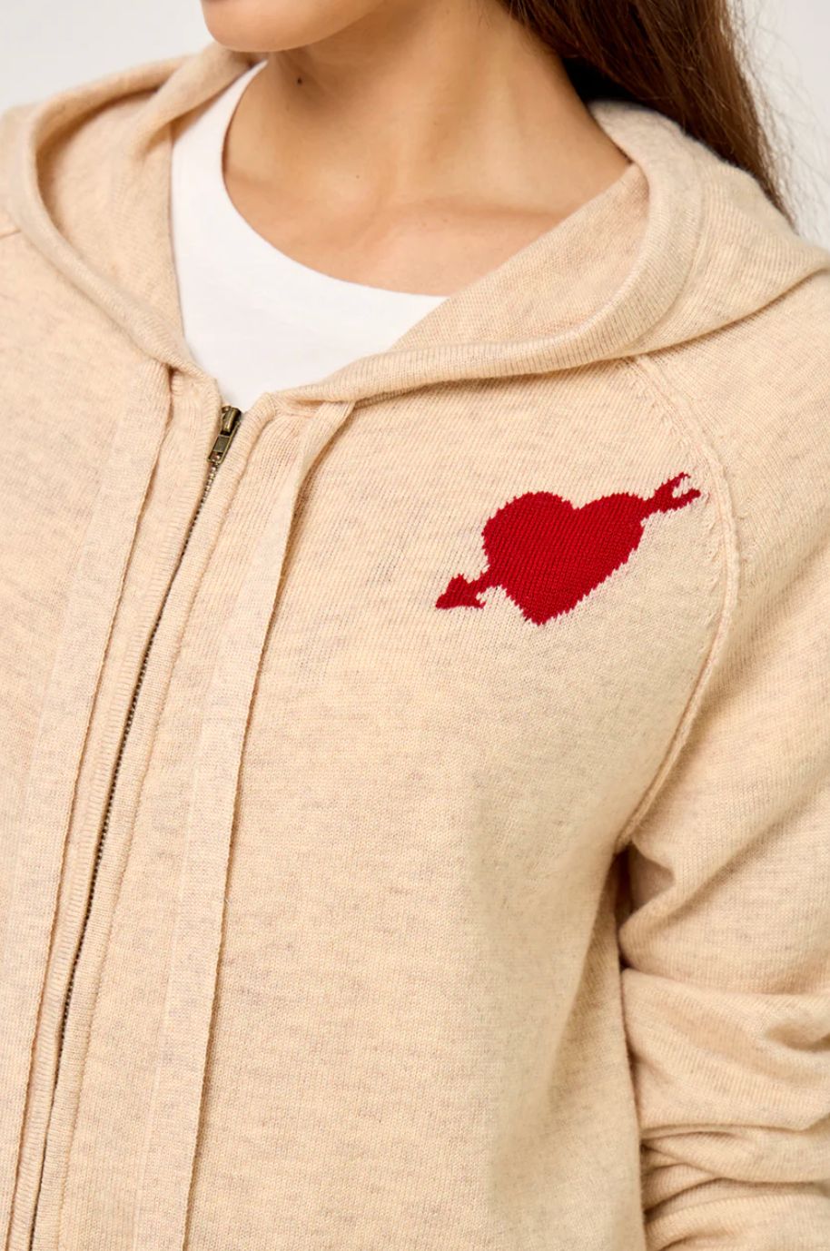 Five Hoodie With Heart Embellishment, Color: Greige, Size: XS