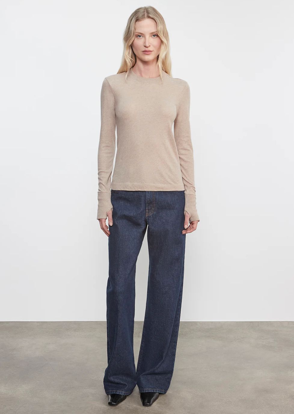 Enza Costa Cashmere Easy Cuff Long Sleeve Crew, Color: Khaki, Size: XS