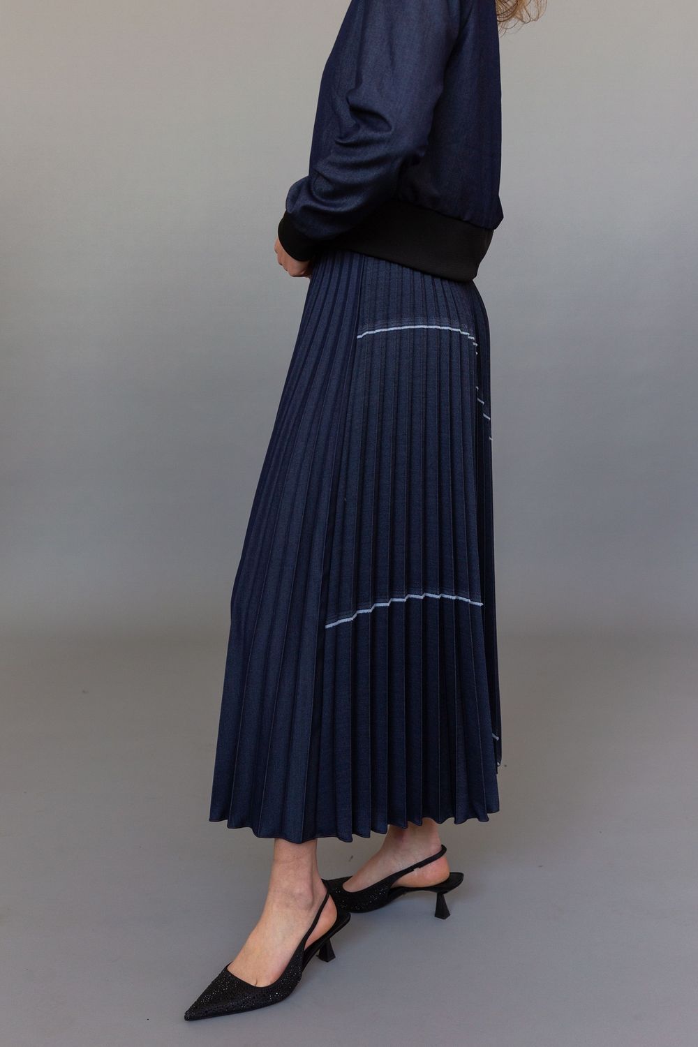 Loyd Ford Denim Patchwork Pleat Skirt