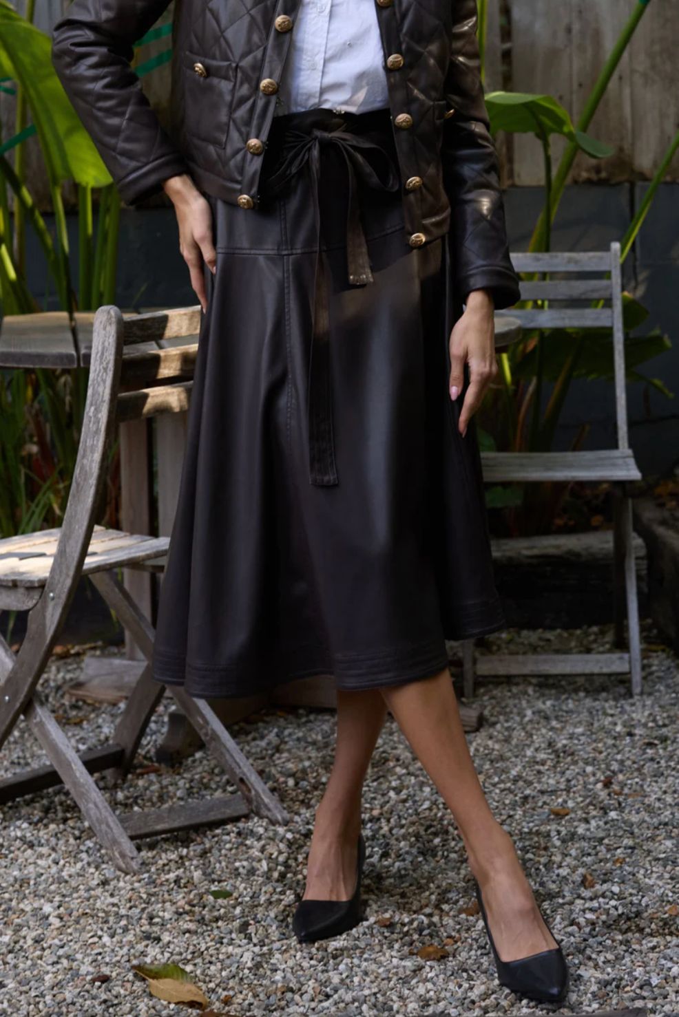 Stellah Vegan Leather Belted Midi Skirt
