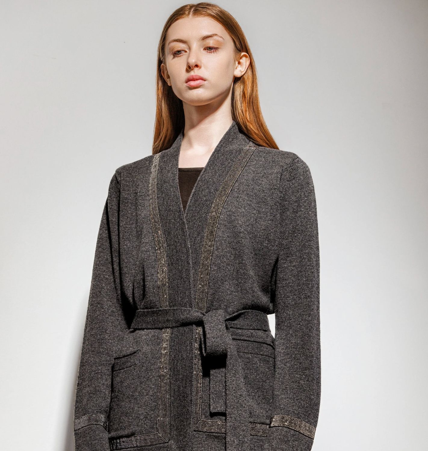 SOH Short Belted Cardigan with Metal Mesh Accents