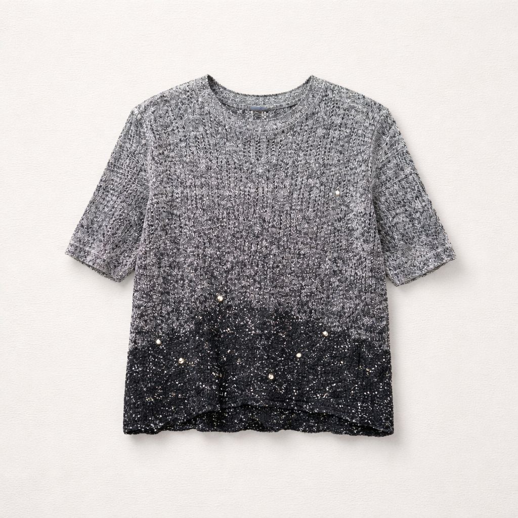 D. Exterior Scalloped Short Sleeve Sweater with Sequins