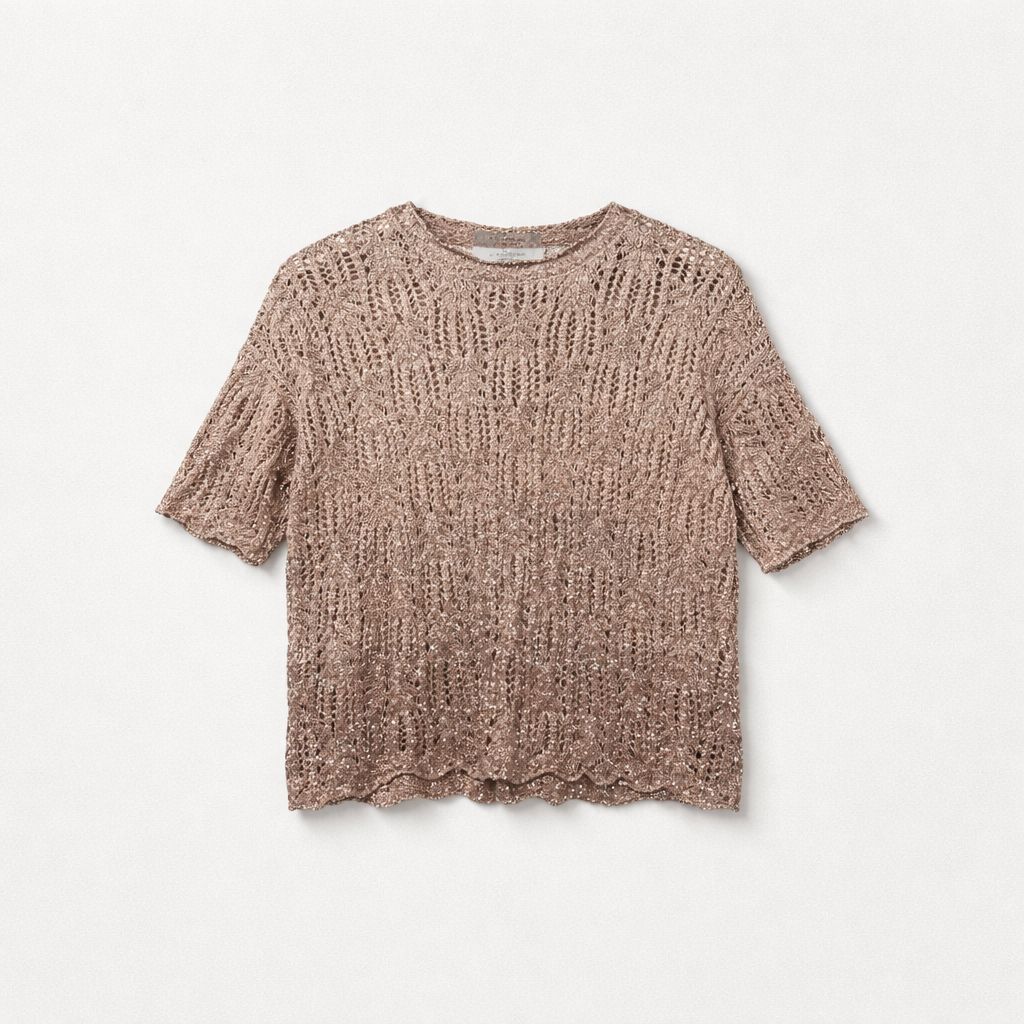 D. Exterior Scalloped Short Sleeve Sweater with Sequins