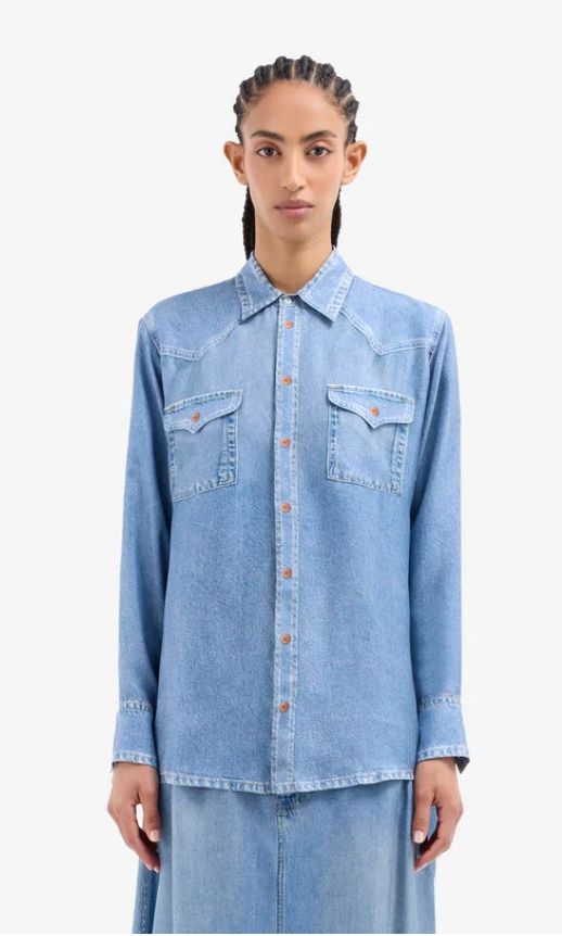 Pierre-Louis Mascia Silk Printed Denim Blouse, Color: Light Denim, Size: XS